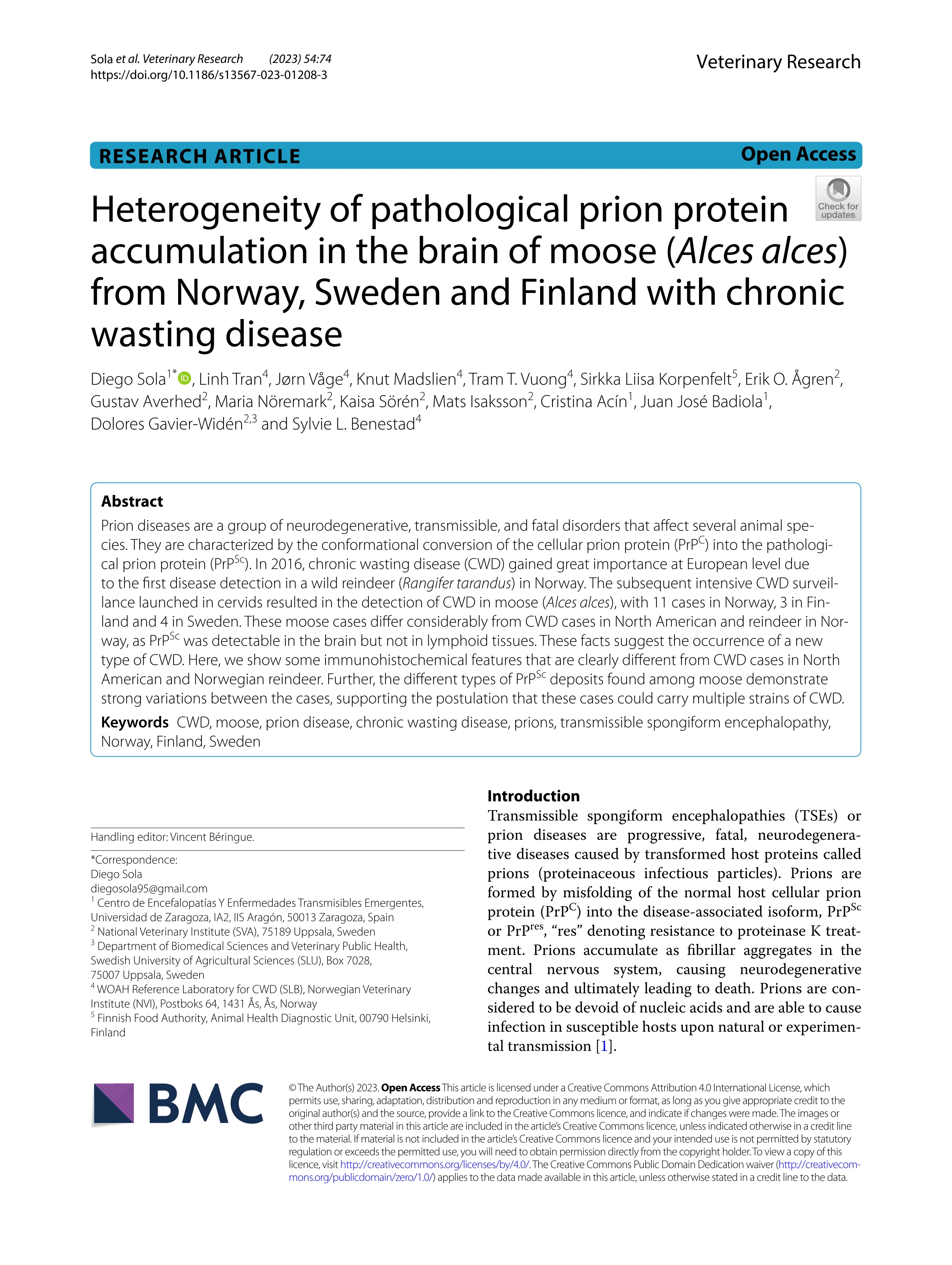 Heterogeneity of pathological prion protein accumulation in the brain of moose (Alces alces) from Norway, Sweden and Finland with chronic wasting disease