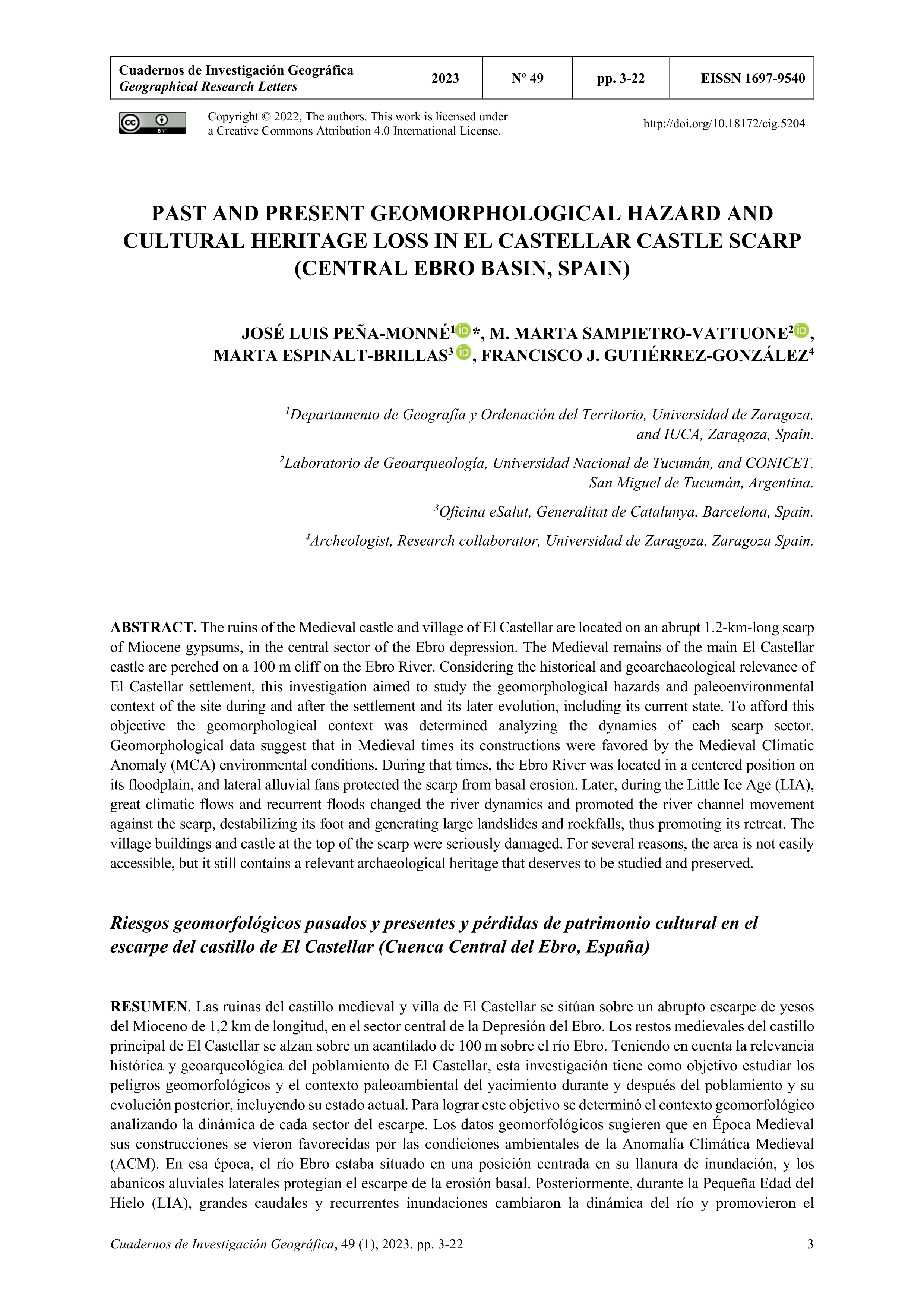 Past and present Geomorphological hazard and cultural heritage loss in El Castellar castle scarp (central Ebro Basin, Spain)