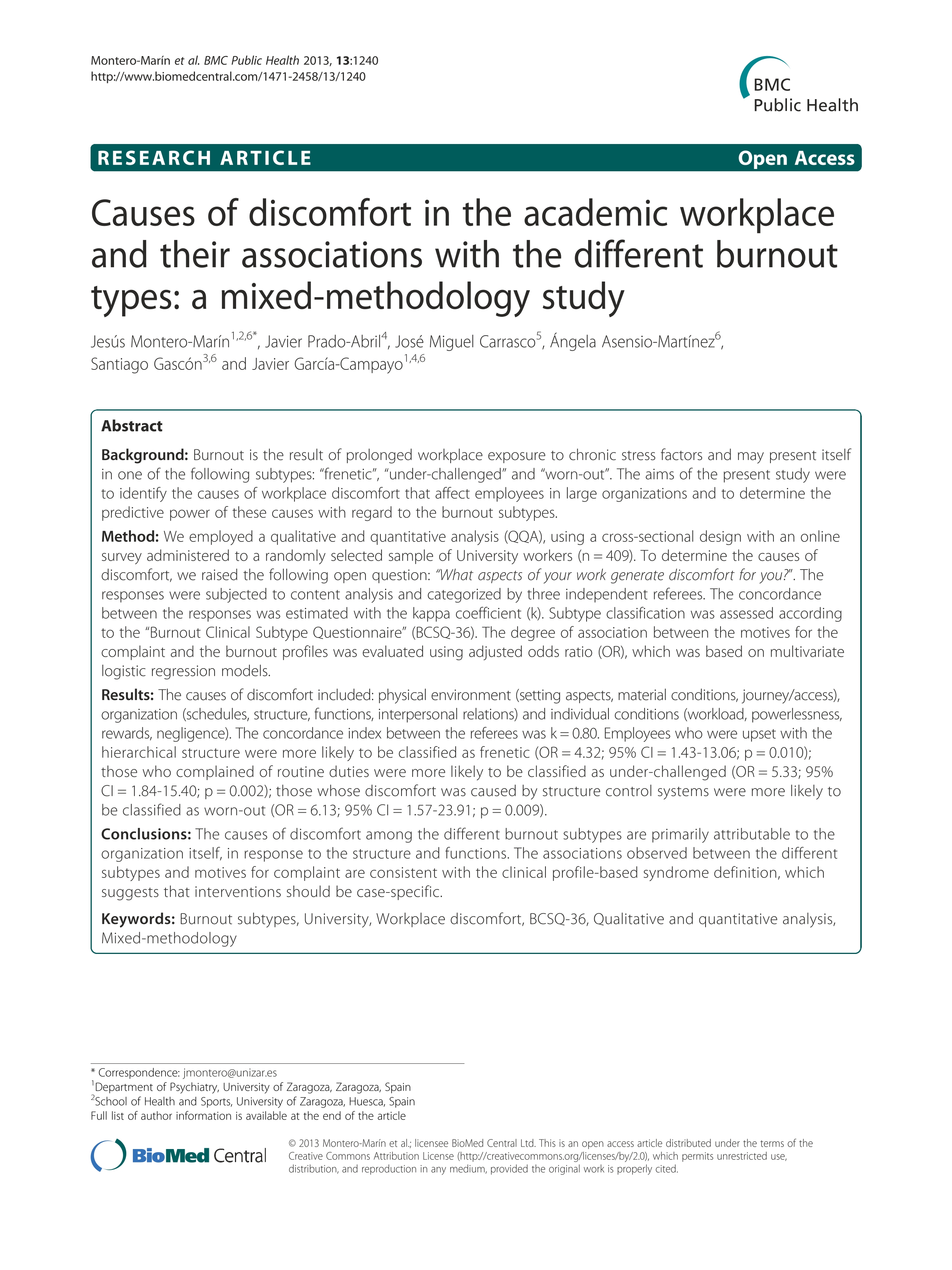 Causes of discomfort in the academic workplace as risk factors of different burnout types: a mixed-methodology study.