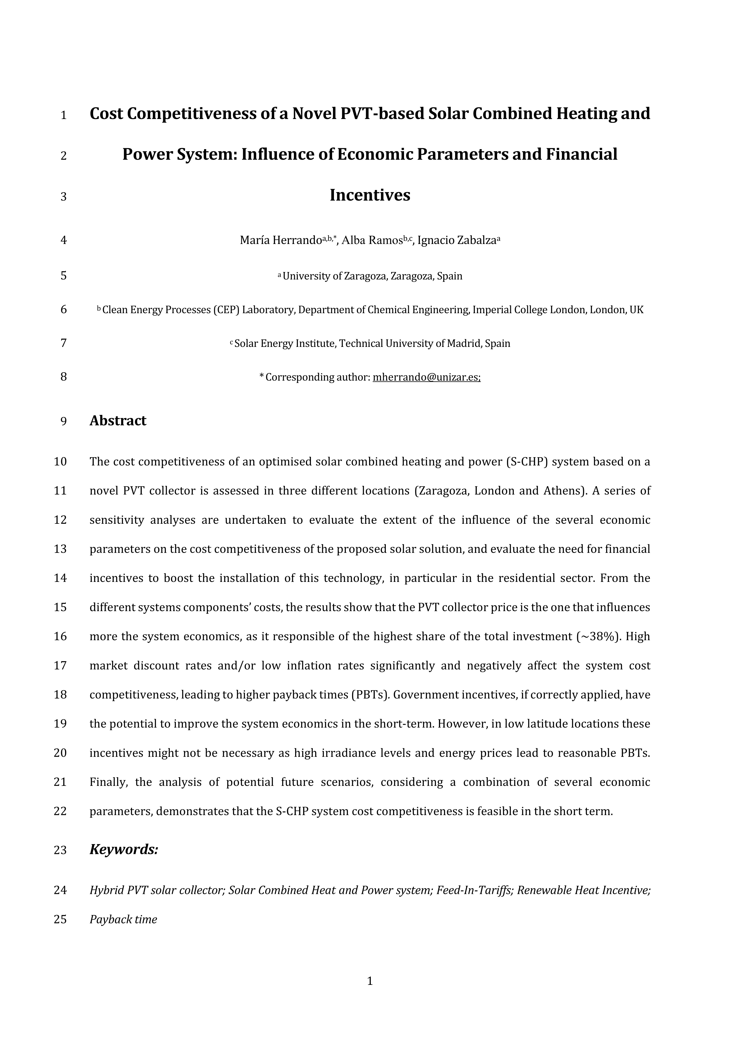 Cost competitiveness of a novel PVT-based solar combined heating and power system: Influence of economic parameters and financial incentives