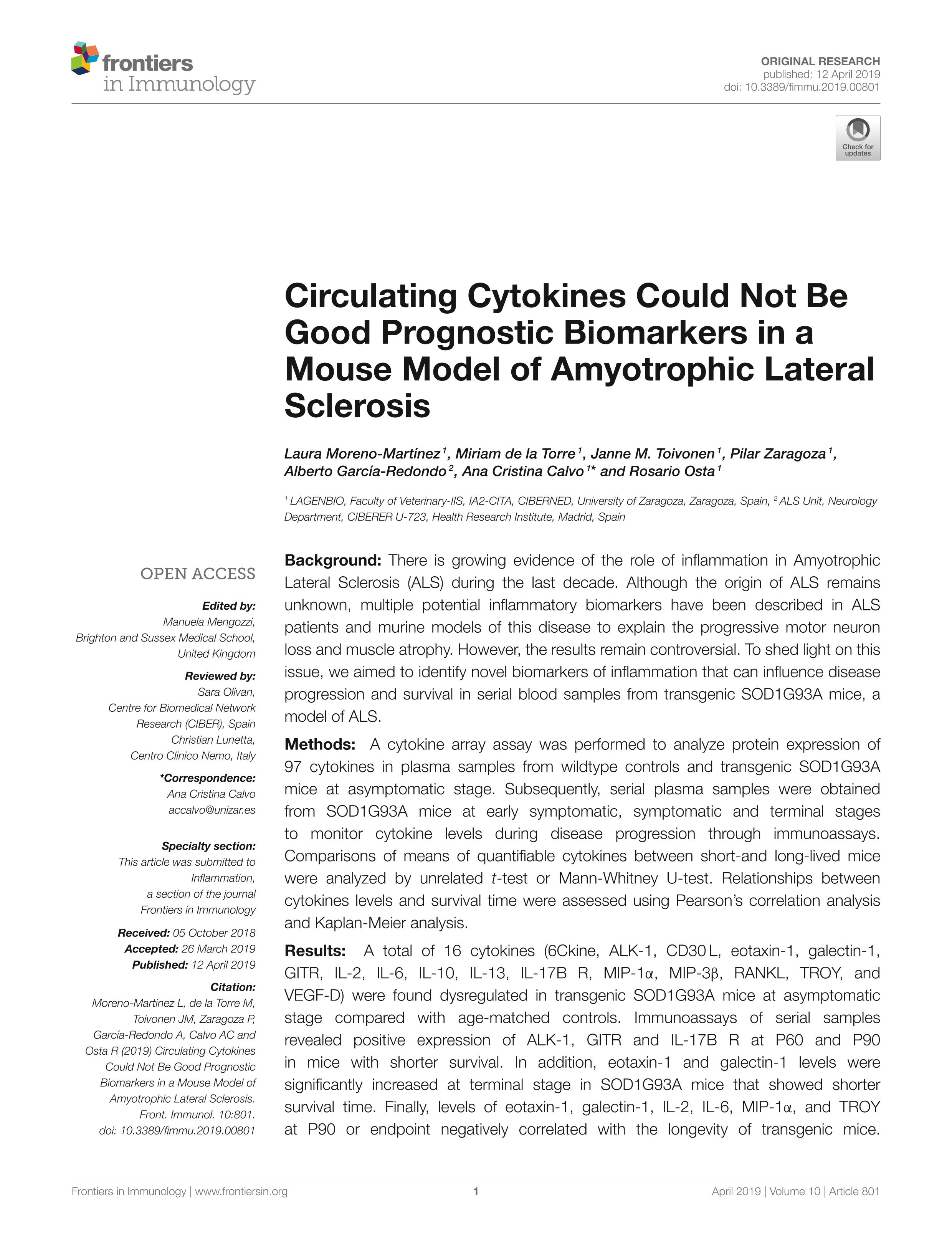 Circulating Cytokines Could Not Be Good Prognostic Biomarkers in a Mouse Model of Amyotrophic Lateral Sclerosis.