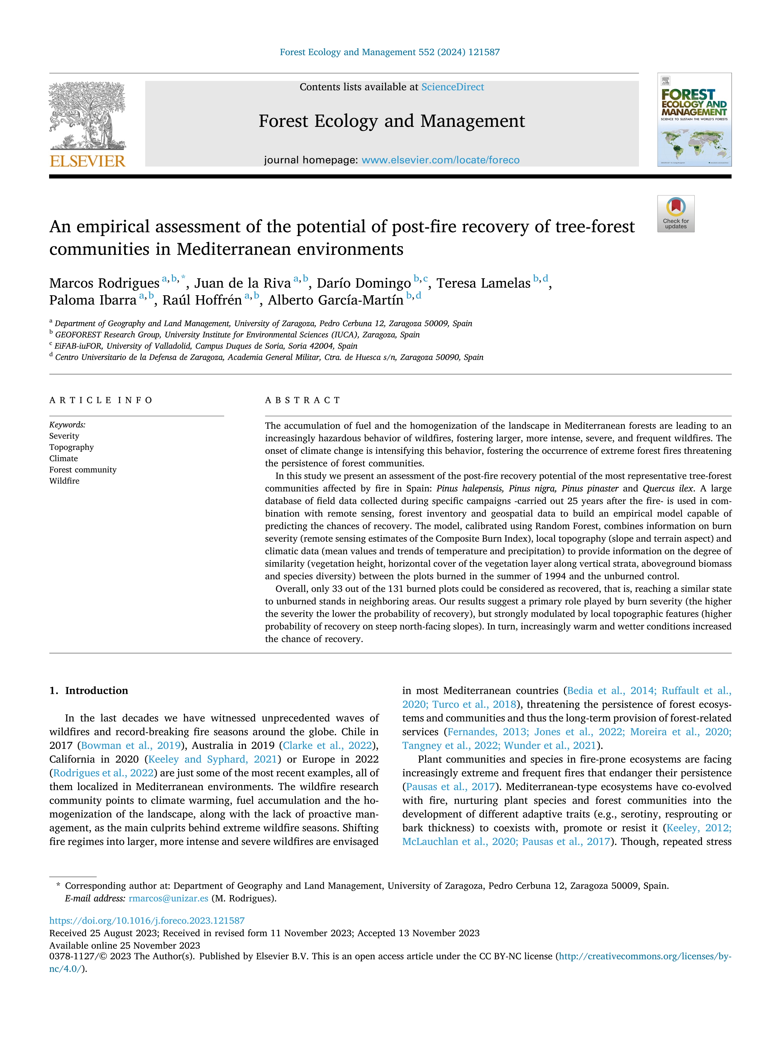 An empirical assessment of the potential of post-fire recovery of tree-forest communities in Mediterranean environments