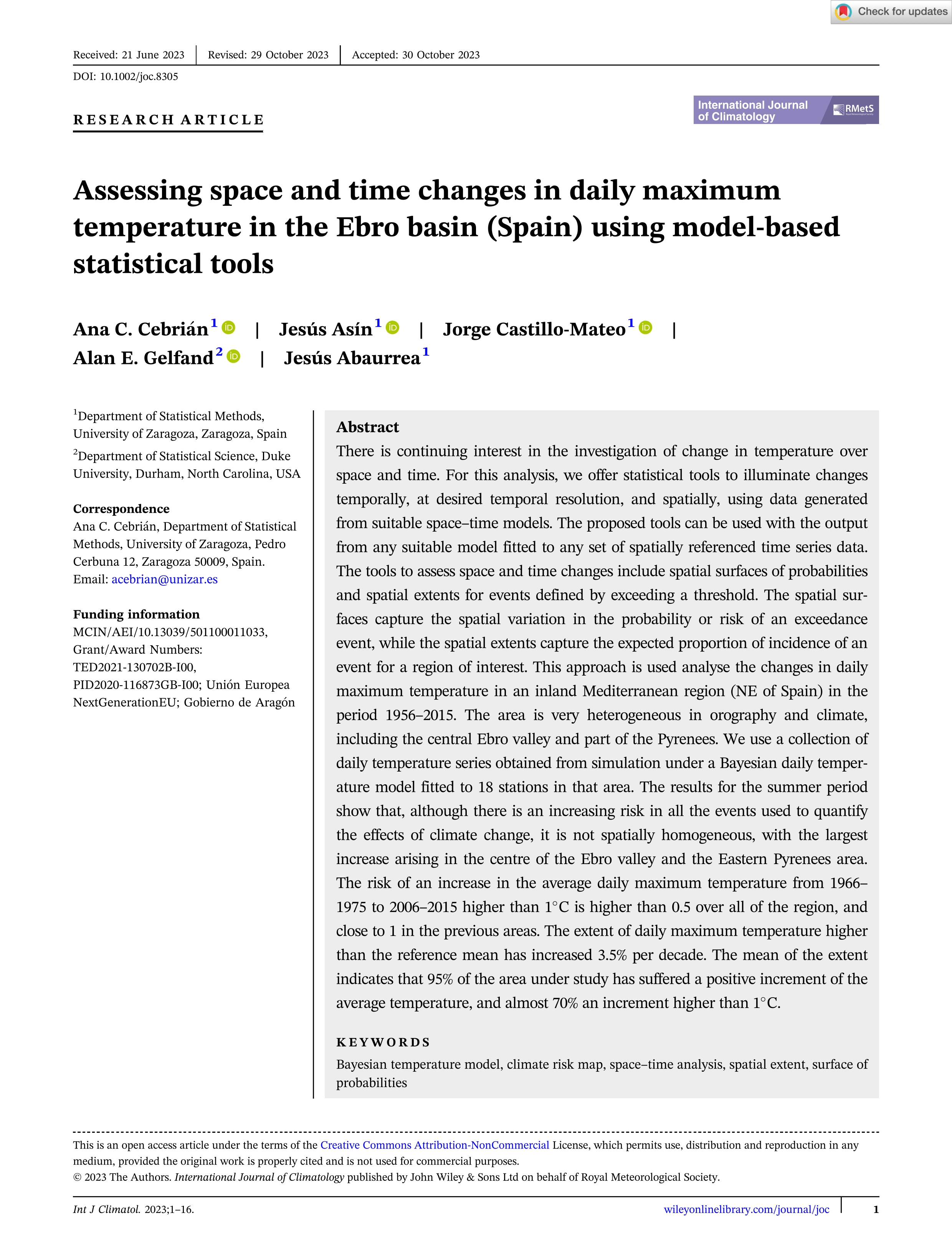 Assessing space and time changes in daily maximum temperature in the Ebro basin (Spain) using model-based statistical tools