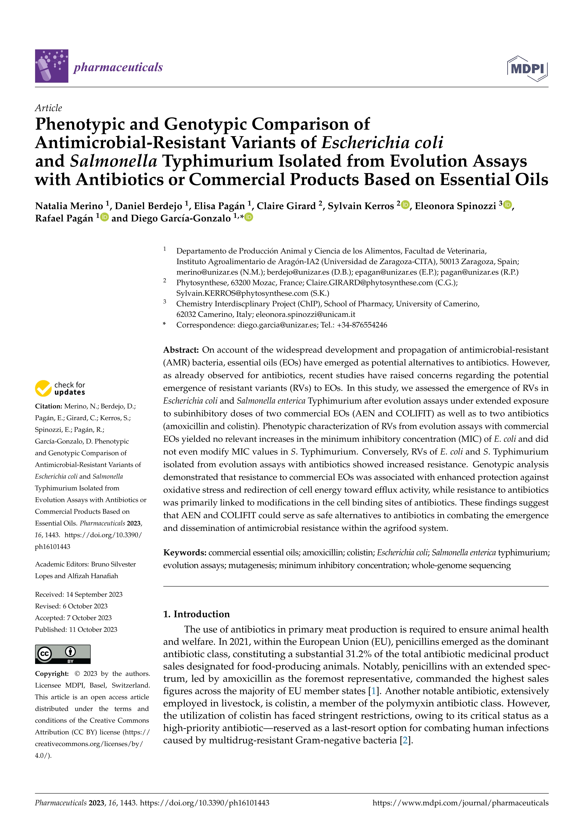 Phenotypic and genotypic comparison of antimicrobial-resistant variants of Escherichia coli and Salmonella Typhimurium isolated from evolution assays with antibiotics or commercial products based on essential oils