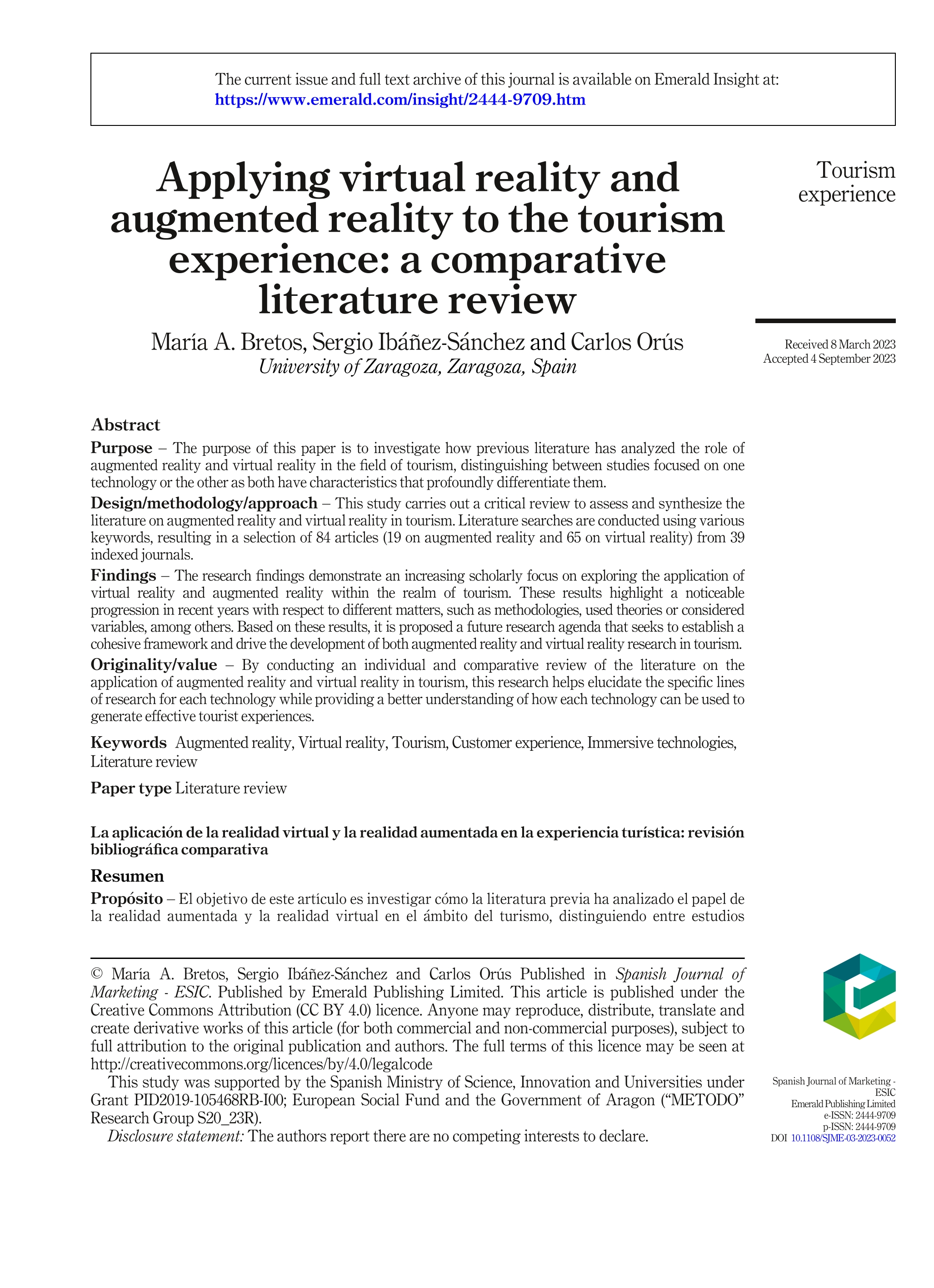 Applying virtual reality and augmented reality to the tourism experience: a comparative literature review