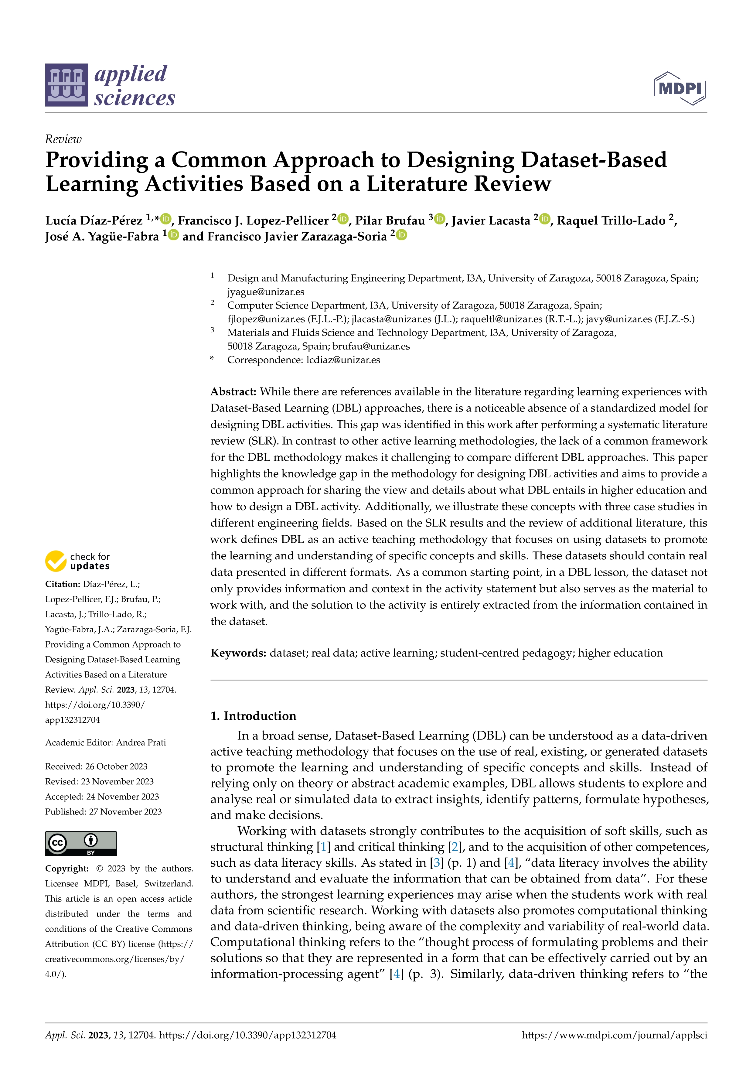 Providing a Common Approach to Designing Dataset-Based Learning Activities Based on a Literature Review