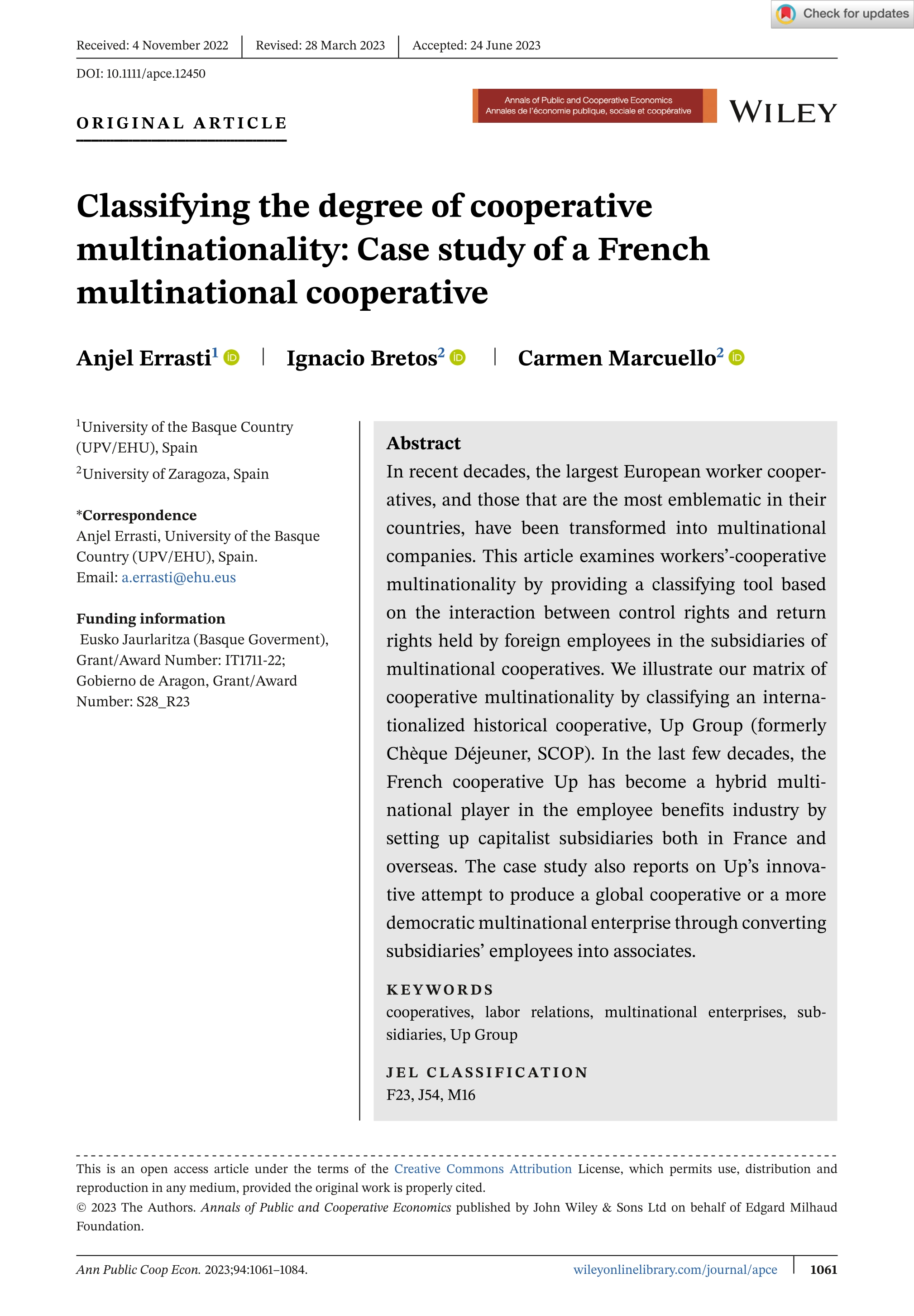 Classifying the degree of cooperative multinationality: case study of a French multinational cooperative