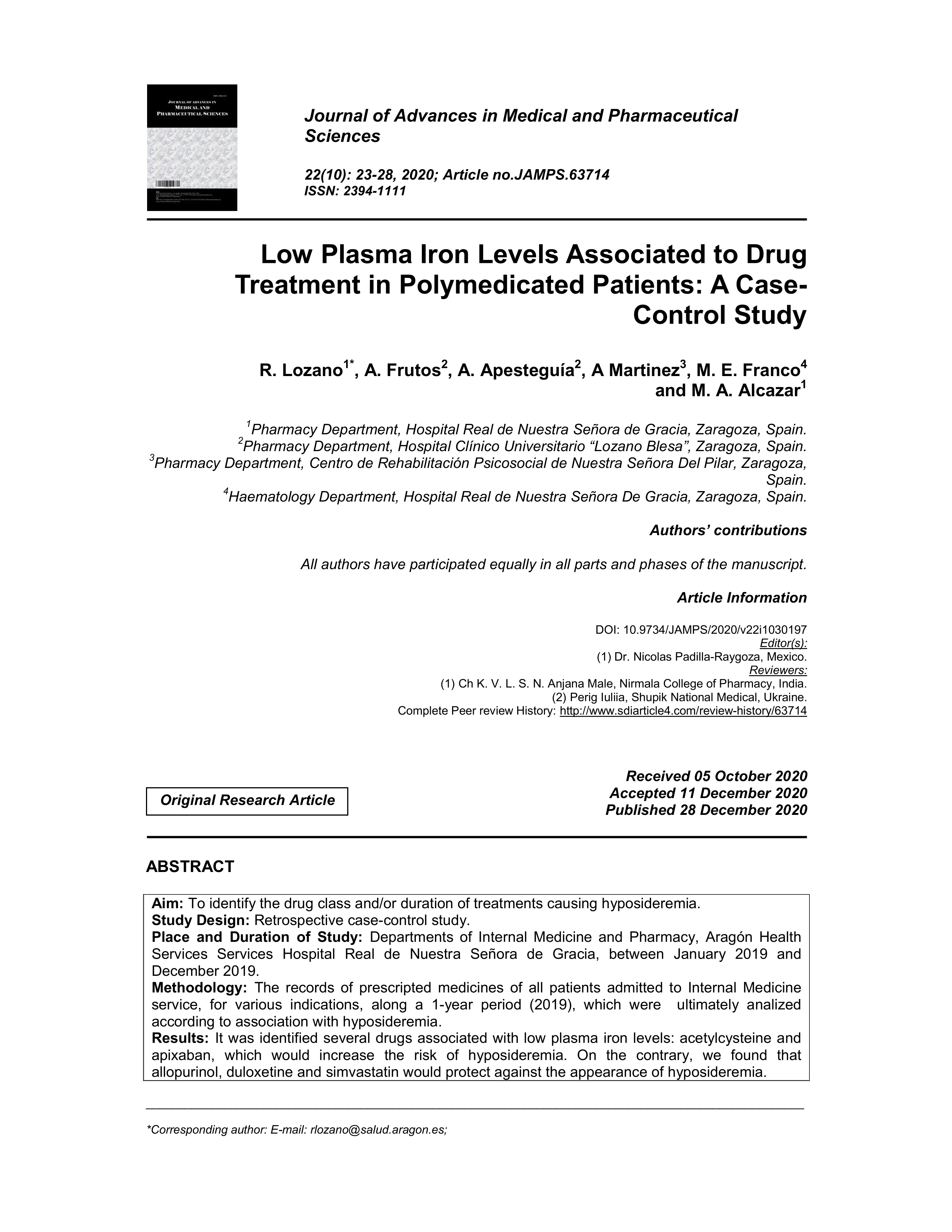 Low plasma iron levels associated to drug treatment in polymedicated patients: a case-control study