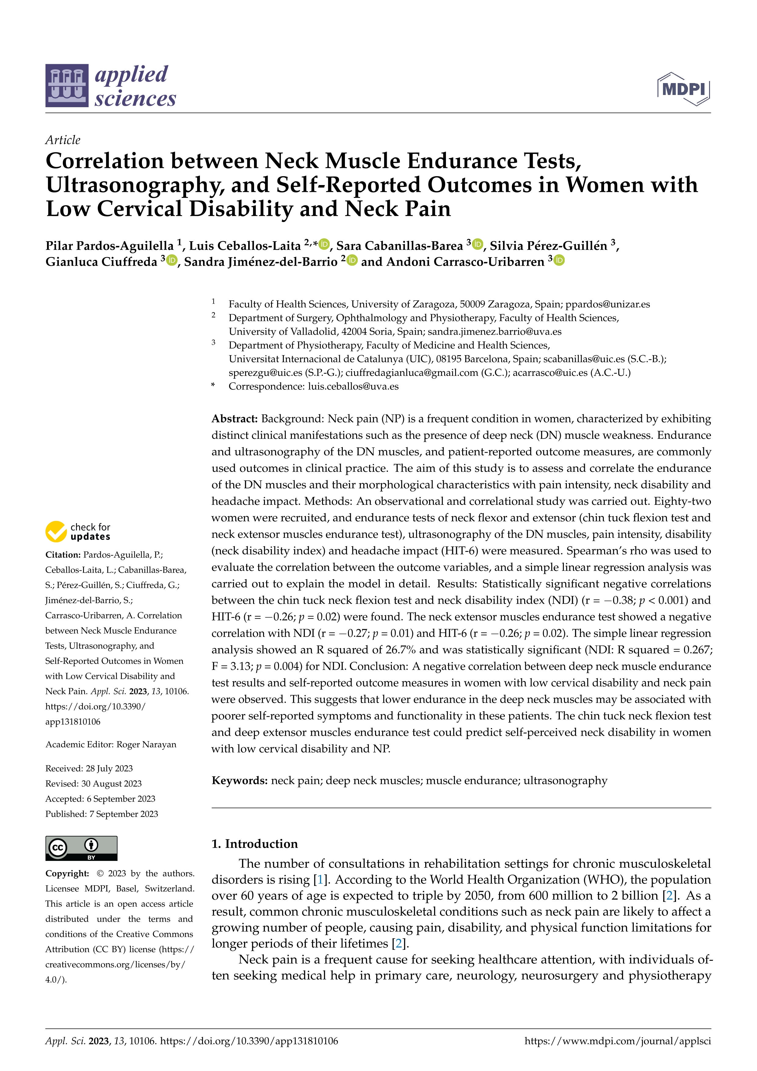 Correlation between neck muscle endurance tests, ultrasonography, and self-reported outcomes in women with low cervical disability and neck pain