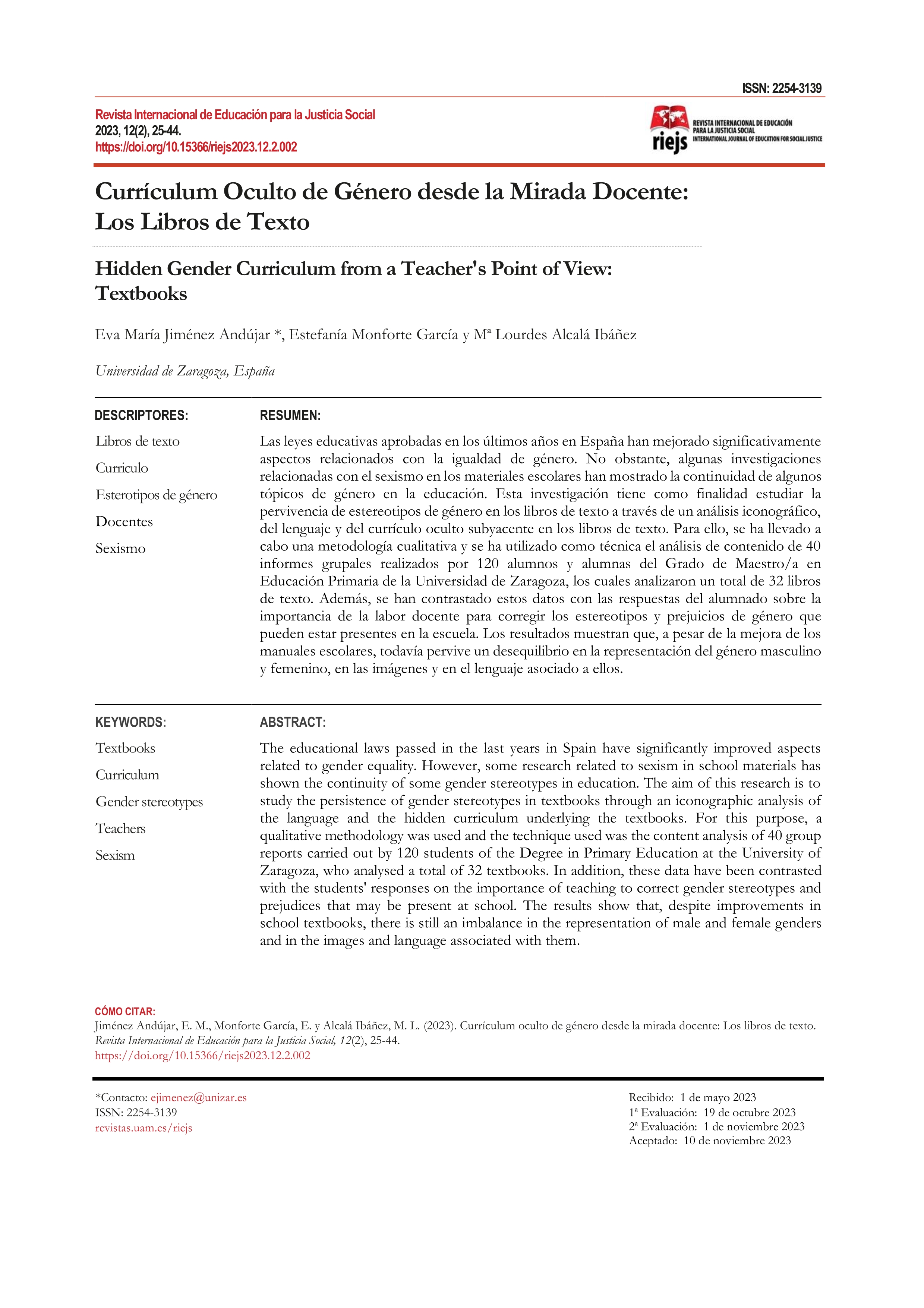 Currículum oculto de género desde la mirada docente: los libros de texto