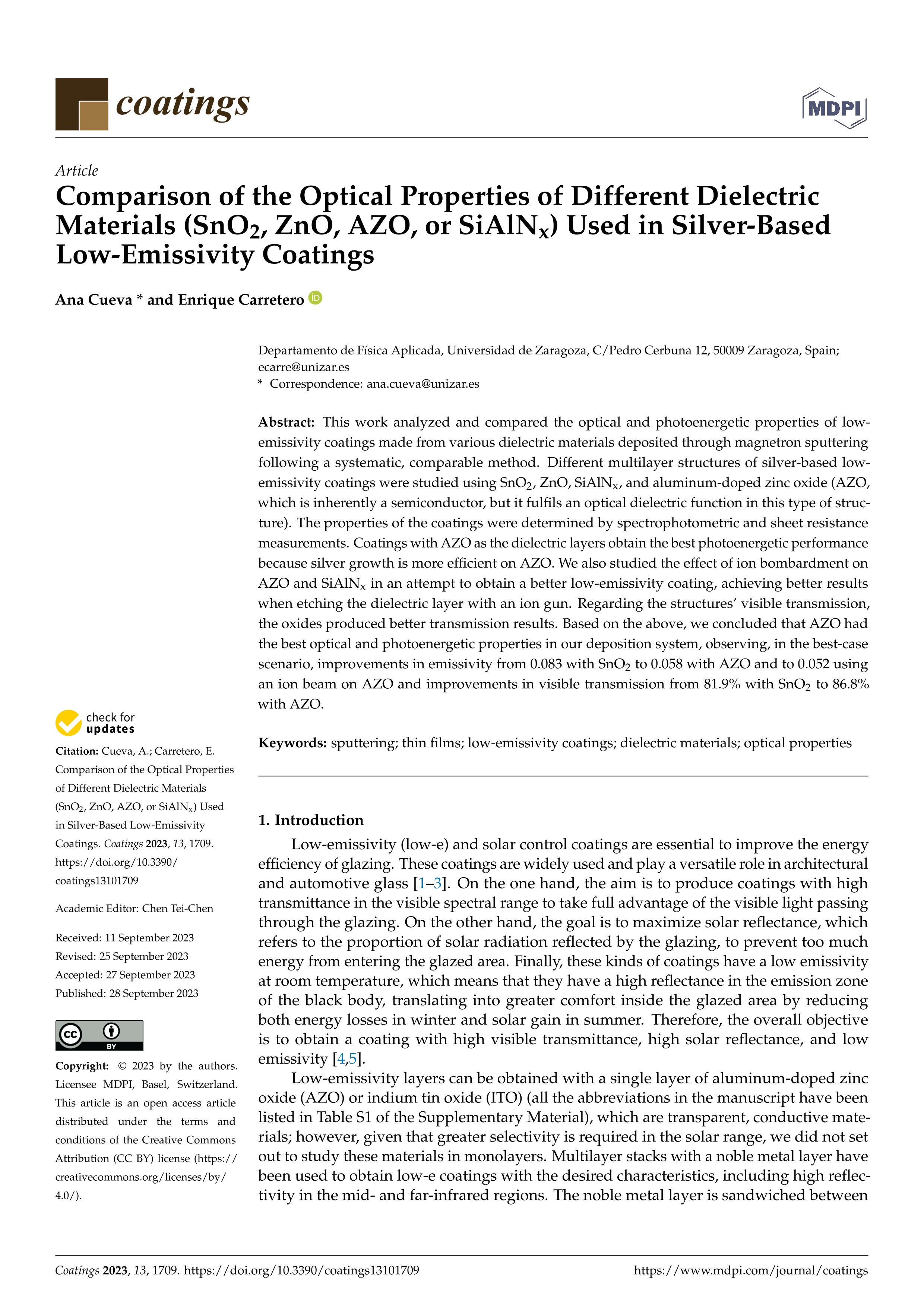 Comparison of the optical properties of different dielectric materials (SnO2, ZnO, AZO, or SiAlNx) used in silver-based low-emissivity coatings