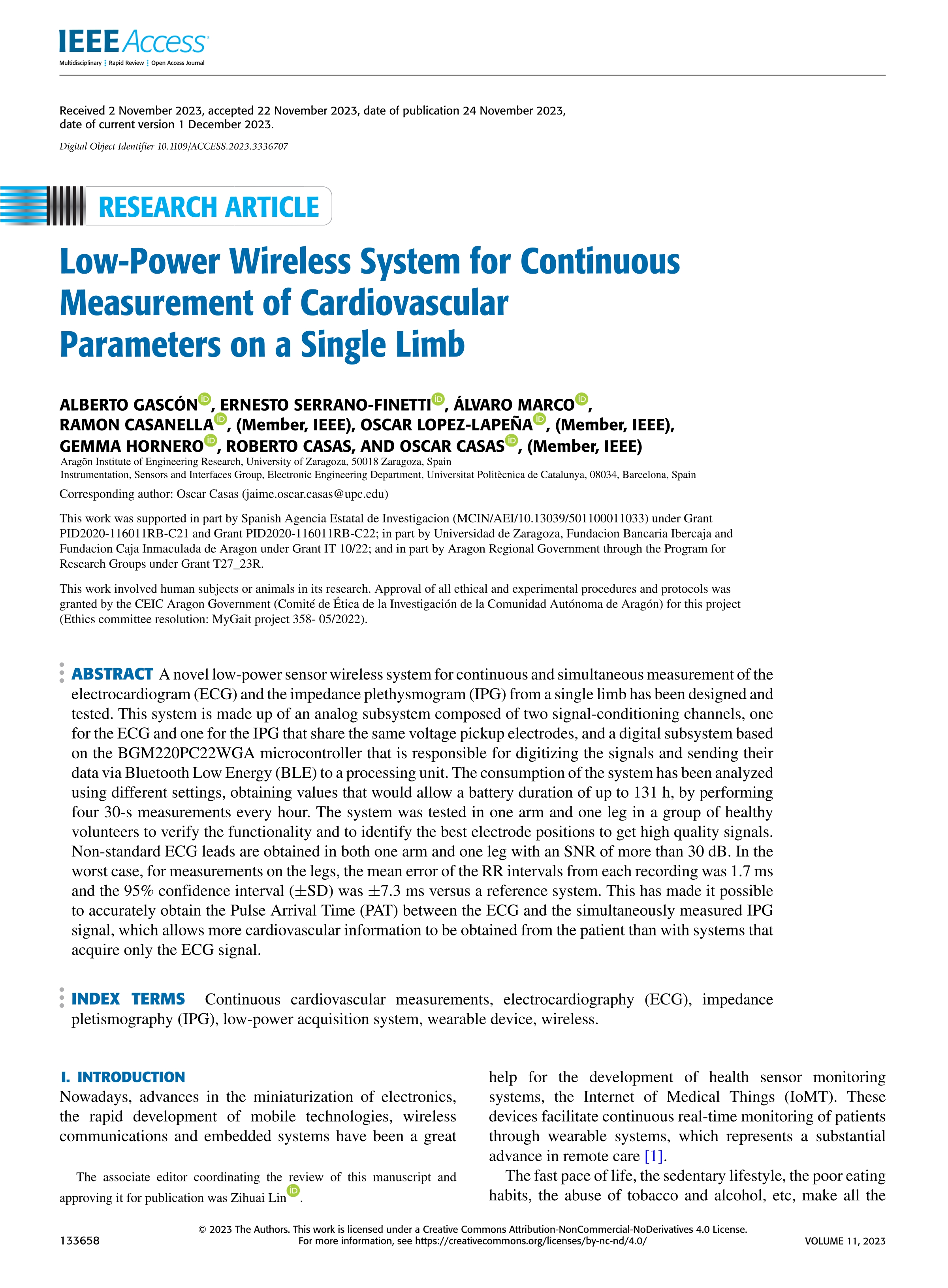 Low-power wireless system for Continuous measurement of cardiovascular parameters on a single limc