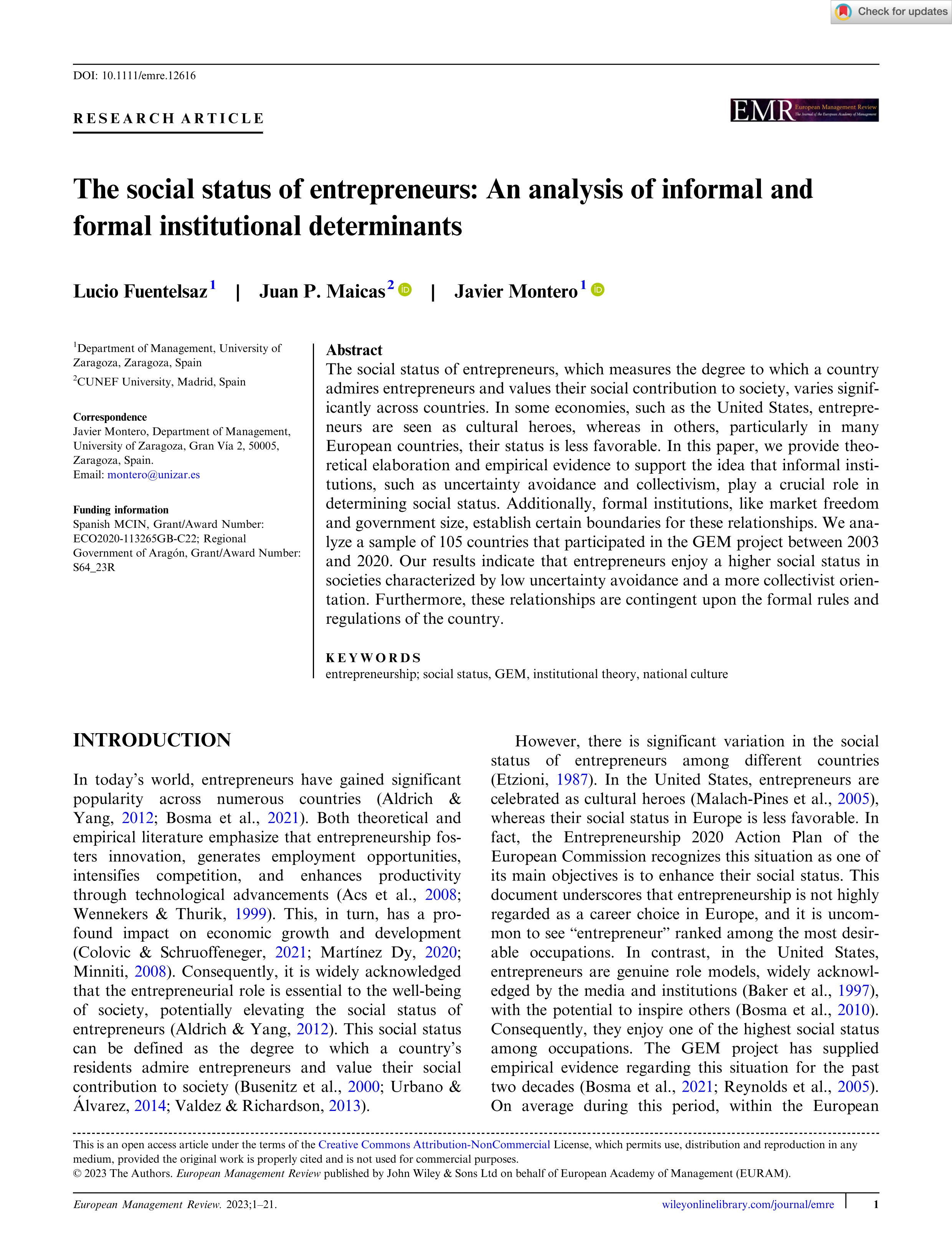 The social status of entrepreneurs: An analysis of informal and formal institutional determinants