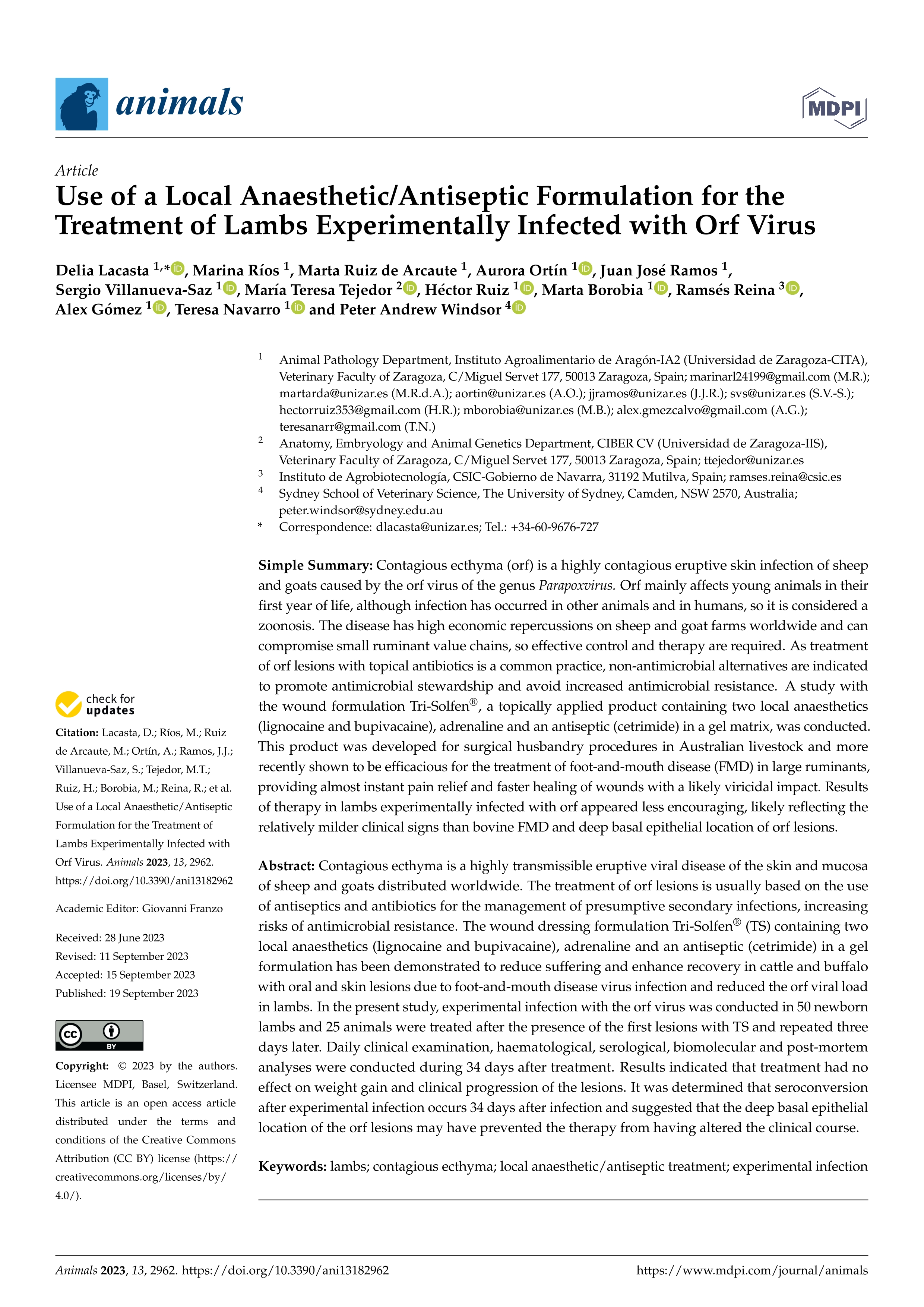 Use of a local anaesthetic/antiseptic formulation for the treatment of lambs experimentally infected with orf virus