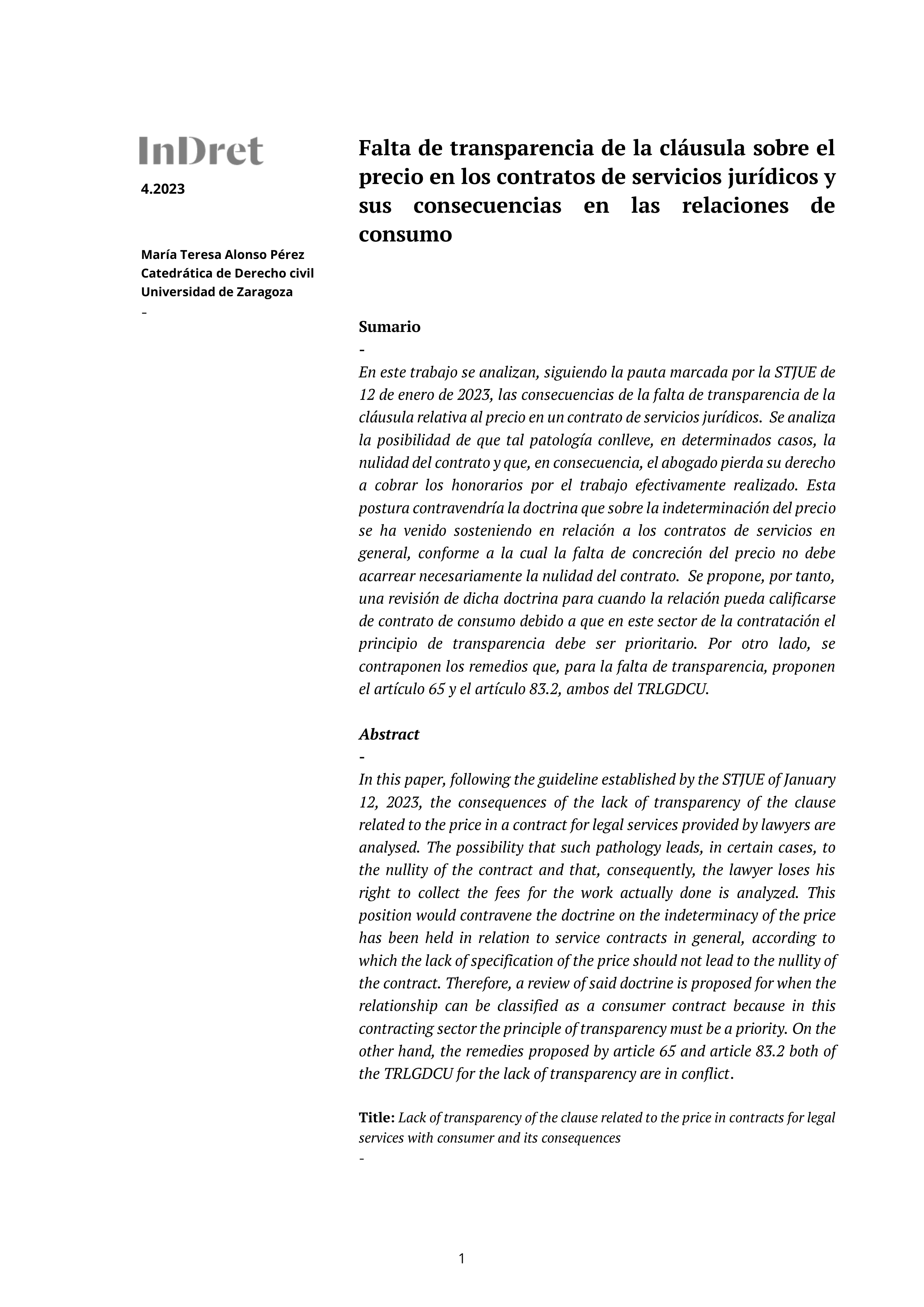 Falta de transparencia de la cláusula sobre el precio en los contratos de servicios jurídicos y sus consecuencias en las relaciones de consumo