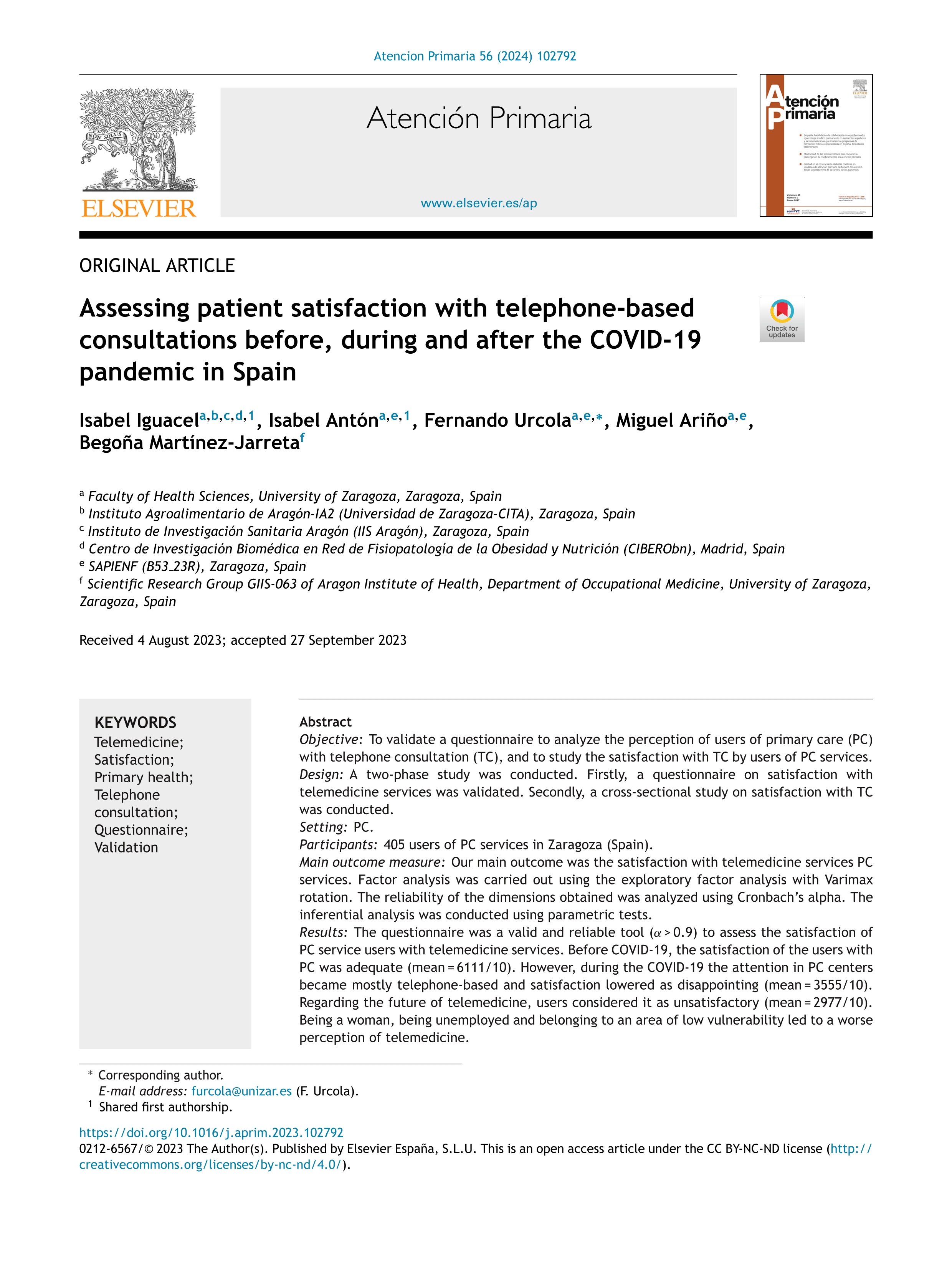 Assessing patient satisfaction with telephone-based consultations before, during and after the COVID-19 pandemic in Spain