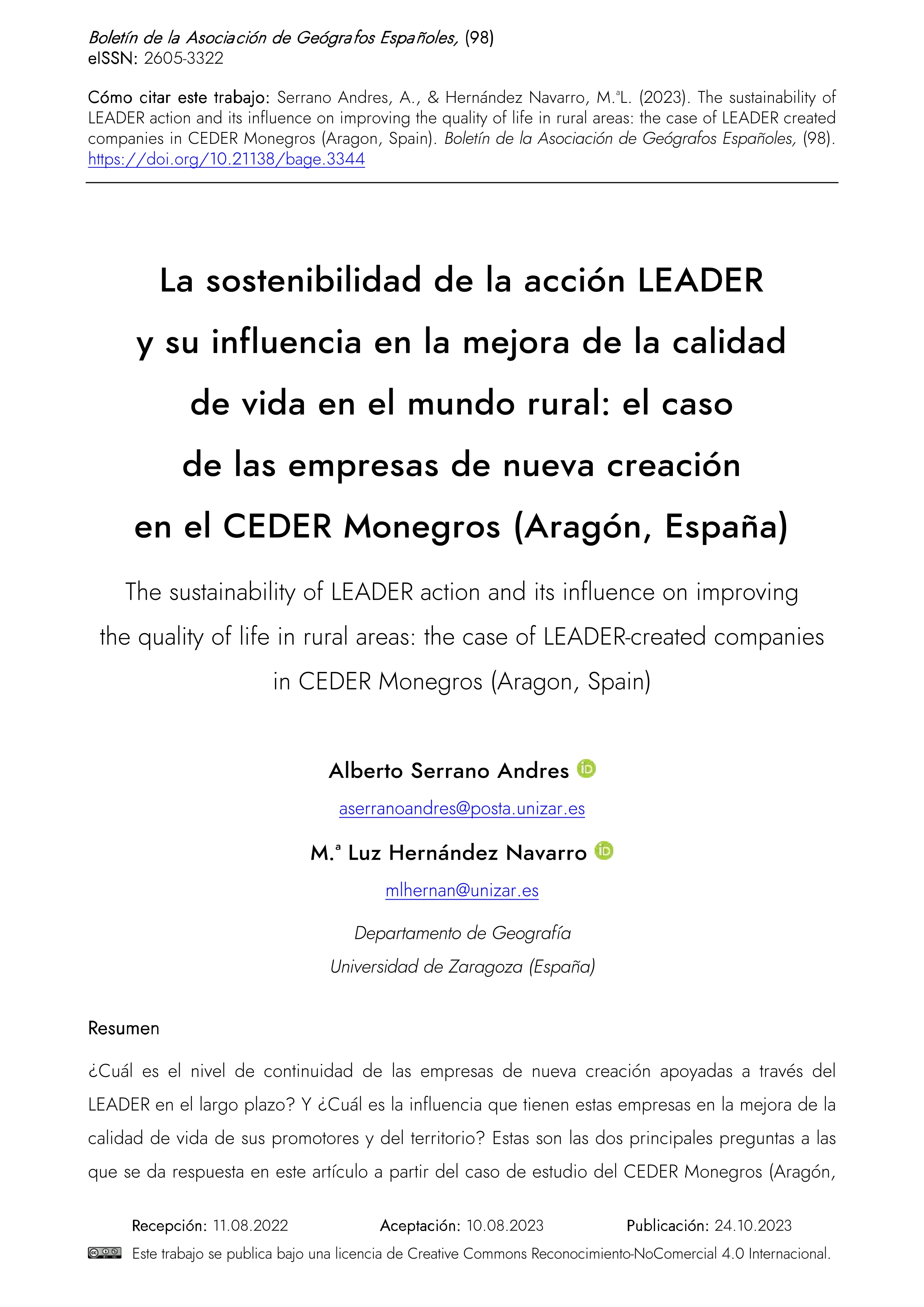 La sostenibilidad de la acción LEADER y su influencia en la mejora de la calidad de vida en el mundo rural: el caso de las empresas de nueva creación en el CEDER Monegros (Aragón, España)