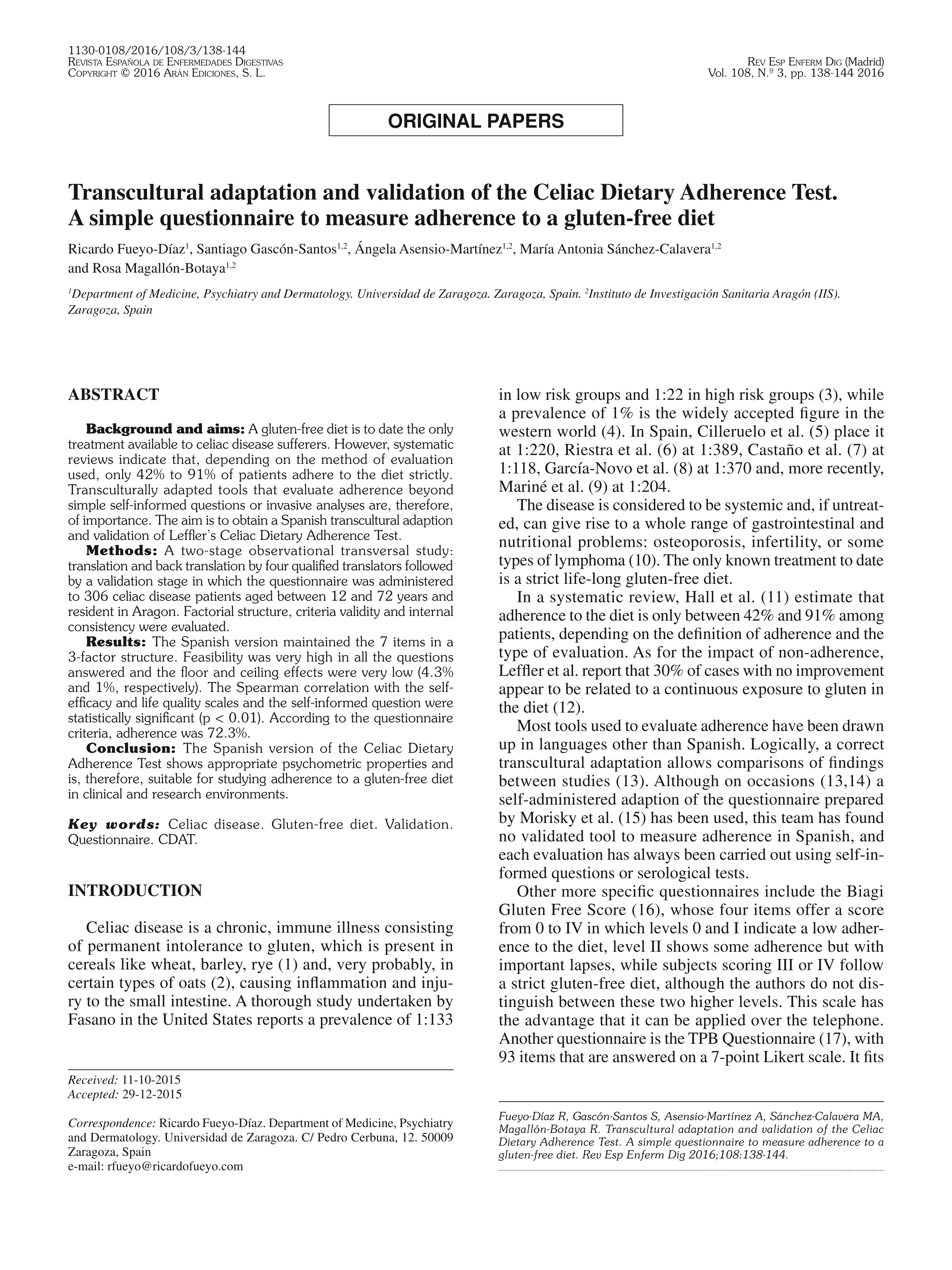 Transcultural adaptation and validation of the Celiac Dietary Adherence Test. A simple questionnaire to measure adherence to a gluten-free diet