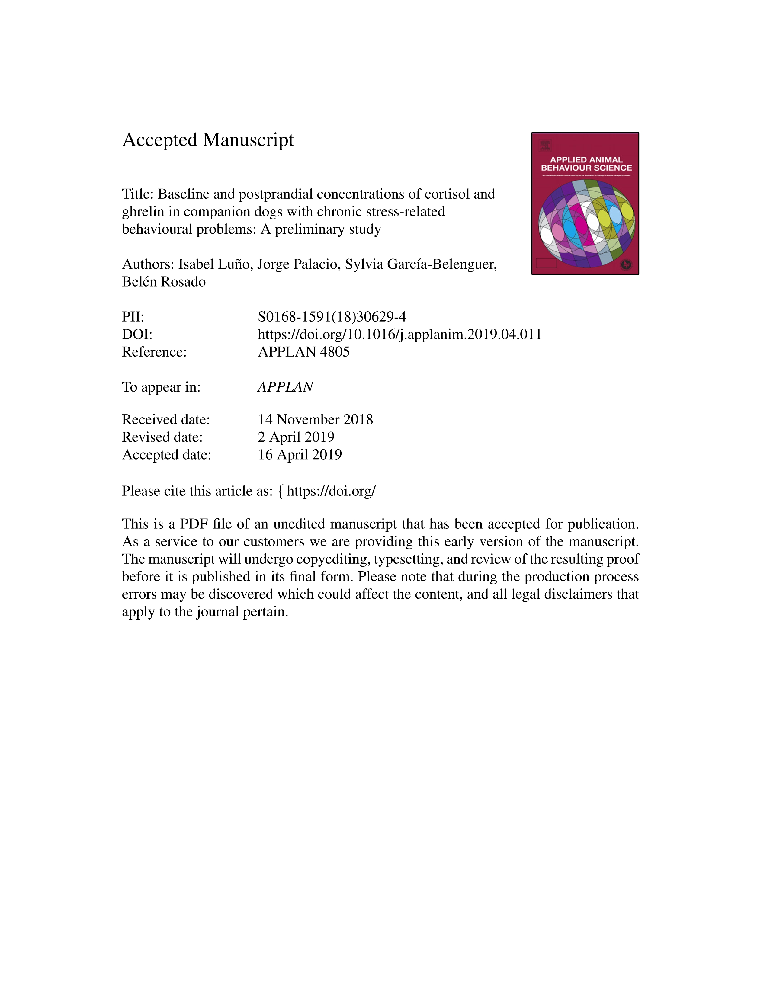 Baseline and postprandial concentrations of cortisol and ghrelin in companion dogs with chronic stress-related behavioural problems: A preliminary study