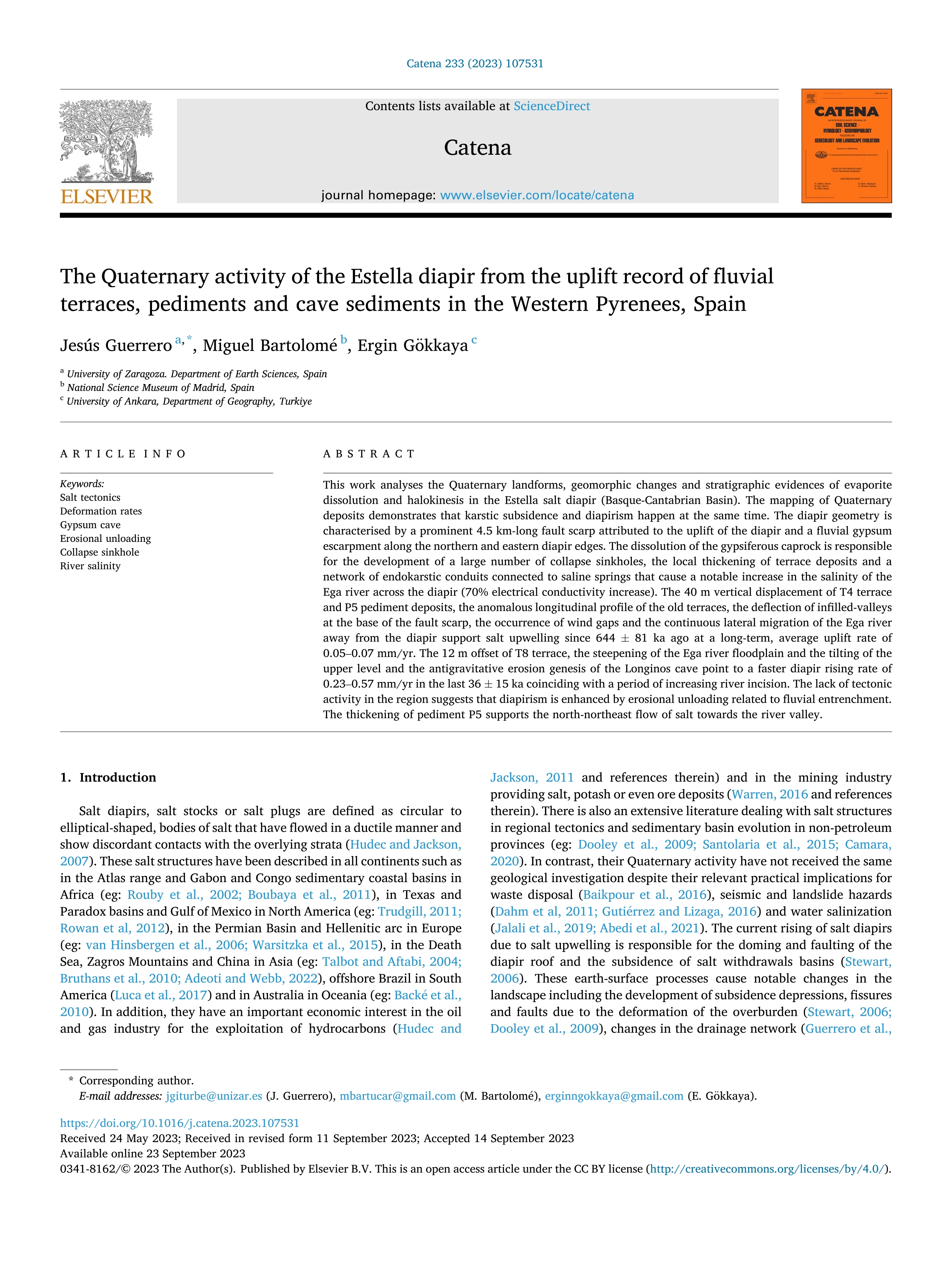 The Quaternary activity of the Estella diapir from the uplift record of fluvial terraces, pediments and cave sediments in the Western Pyrenees, Spain
