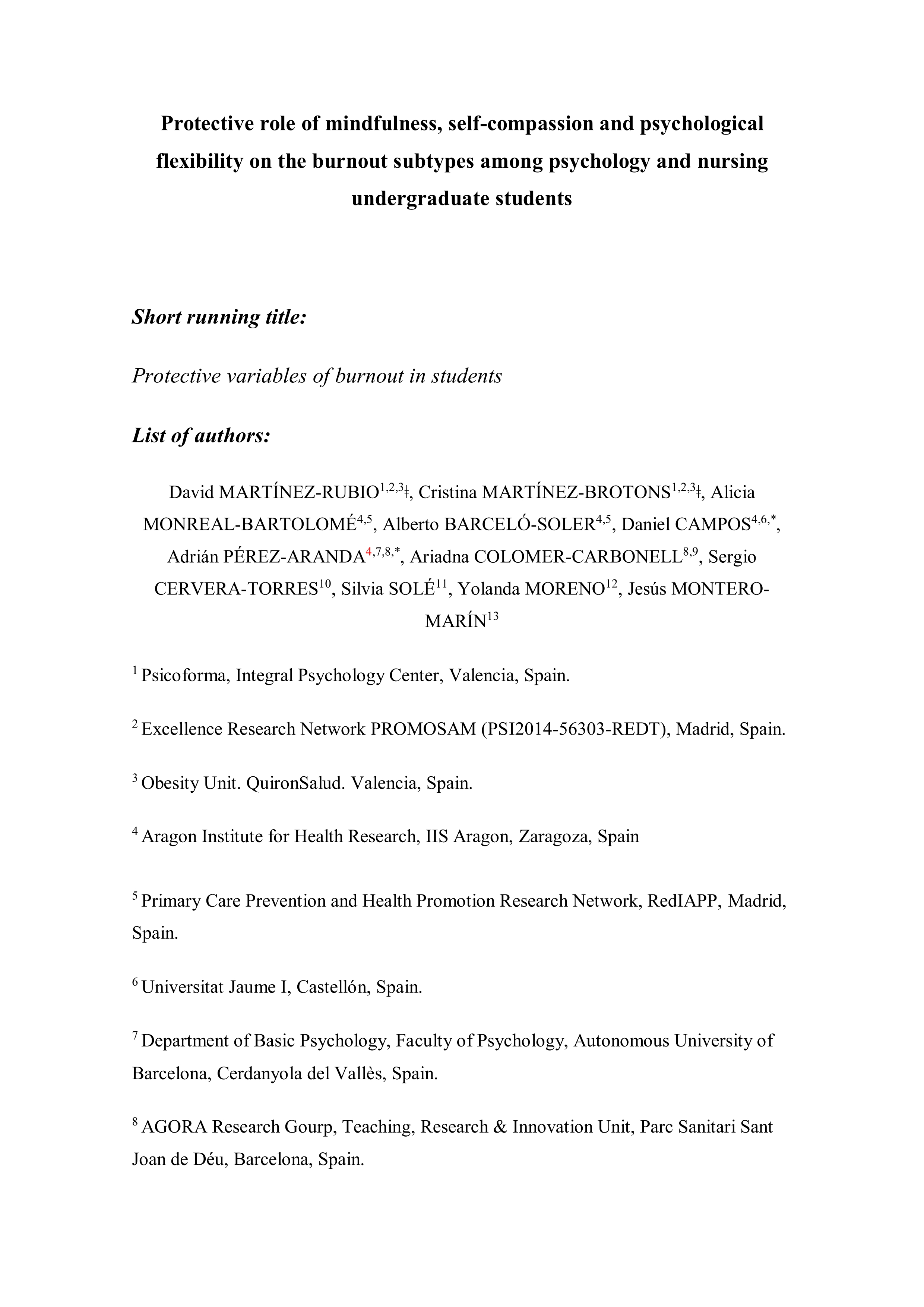 Protective role of mindfulness, self-compassion and psychological flexibility on the burnout subtypes among psychology and nursing undergraduate students
