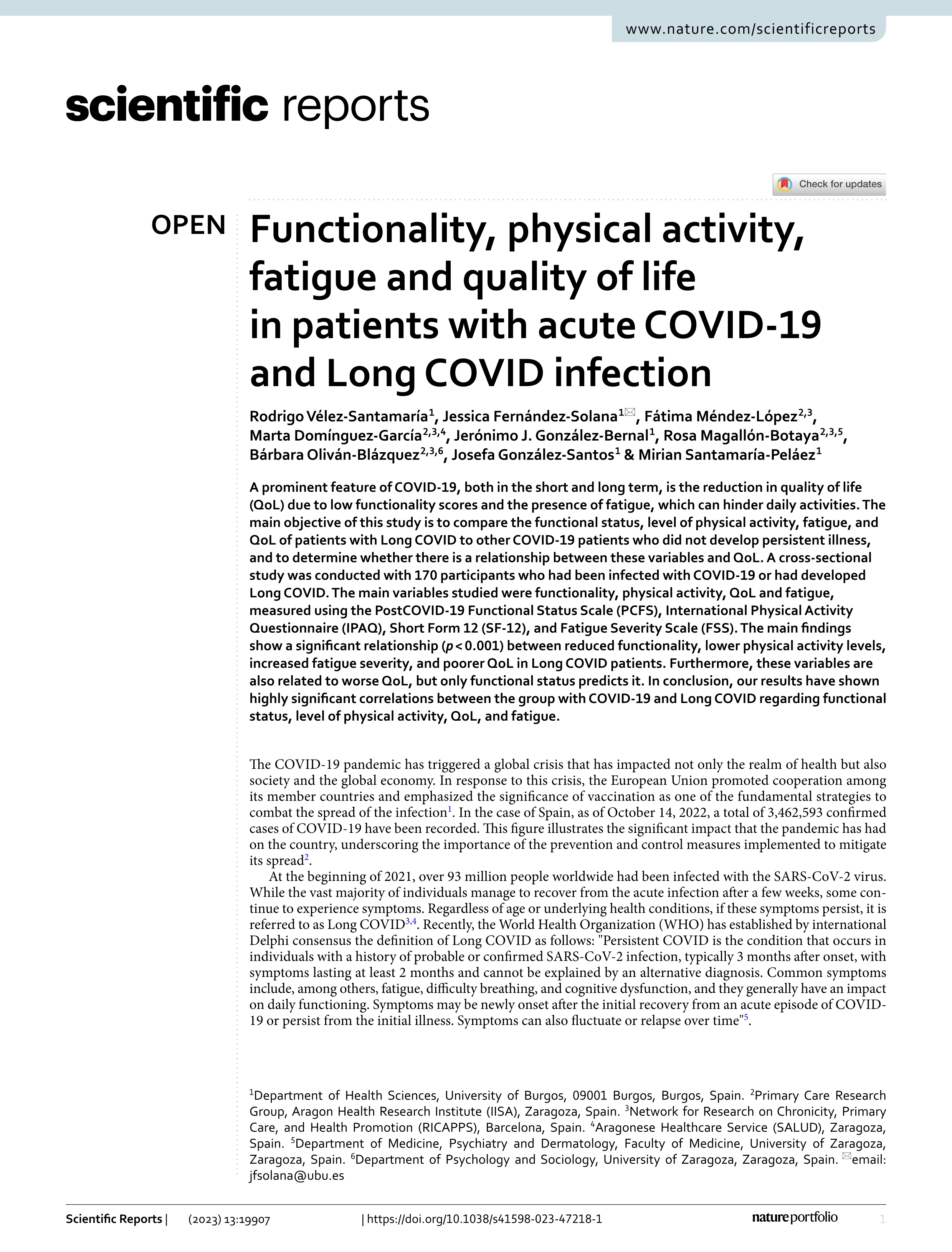 Functionality, physical activity, fatigue and quality of life in patients with acute COVID-19 and Long COVID infection