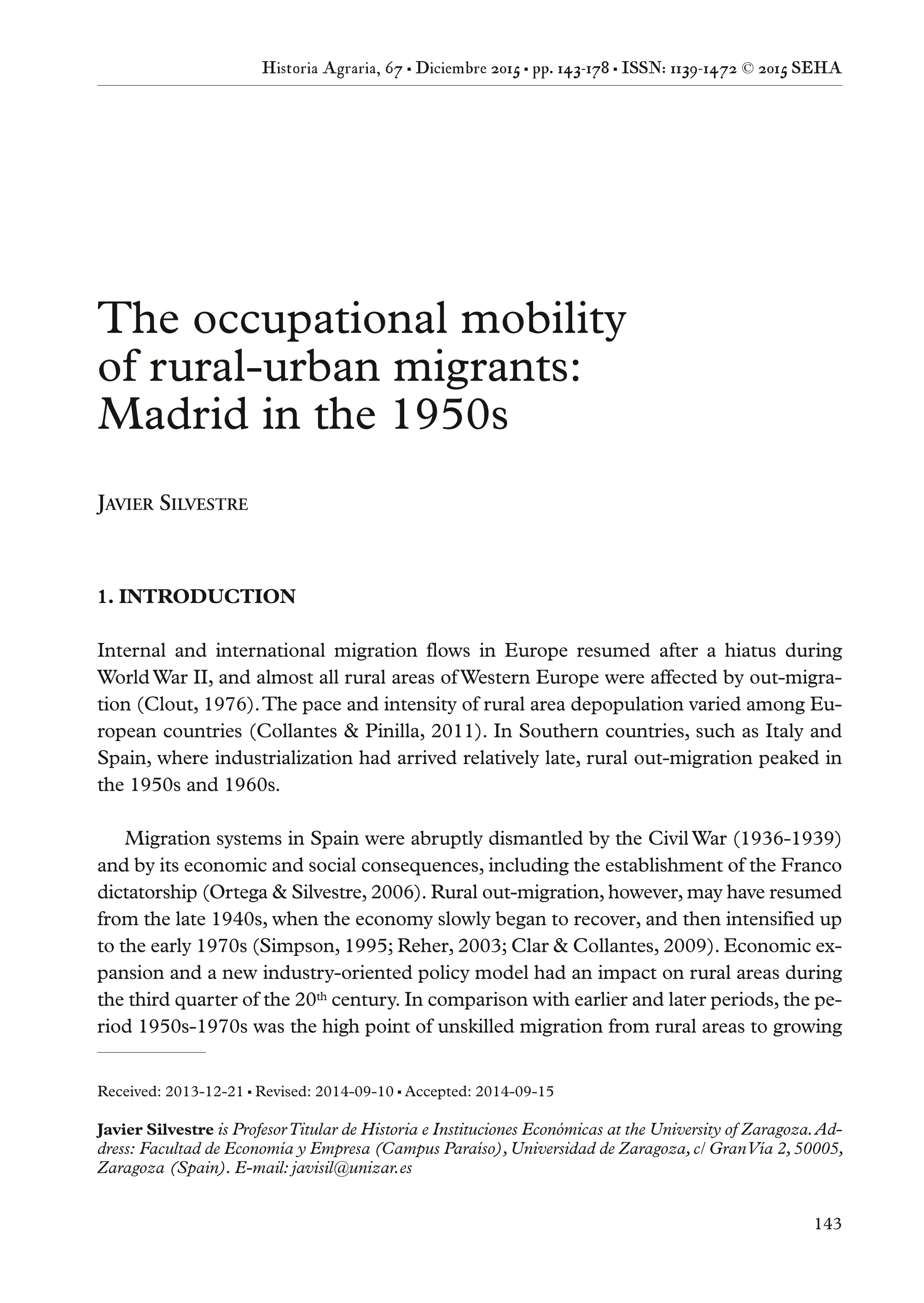 The occupational mobility of rural-urban migrants: Madrid in the 1950s