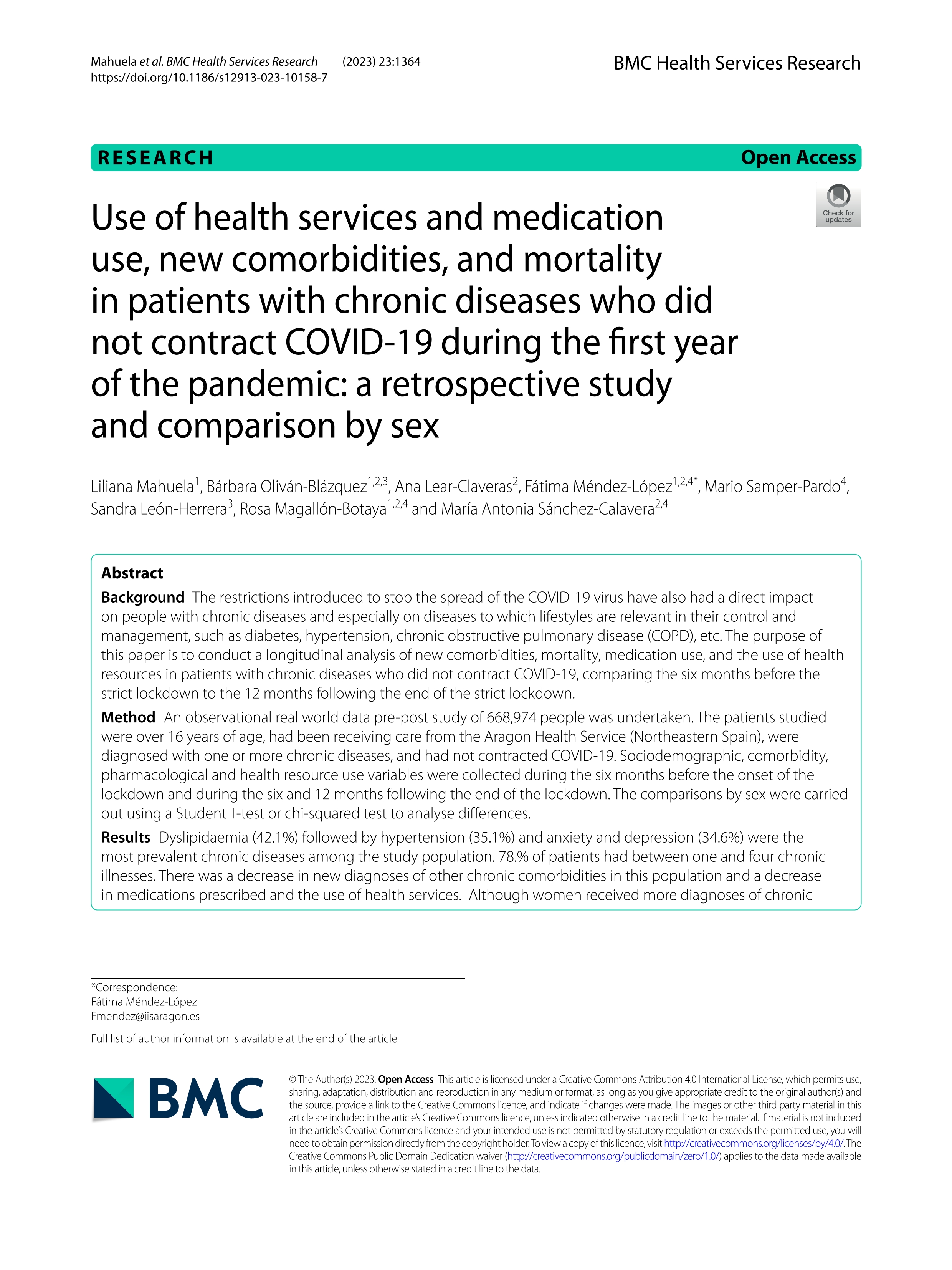 Use of health services and medication use, new comorbidities, and mortality in patients with chronic diseases who did not contract COVID-19 during the first year of the pandemic: a retrospective study and comparison by sex