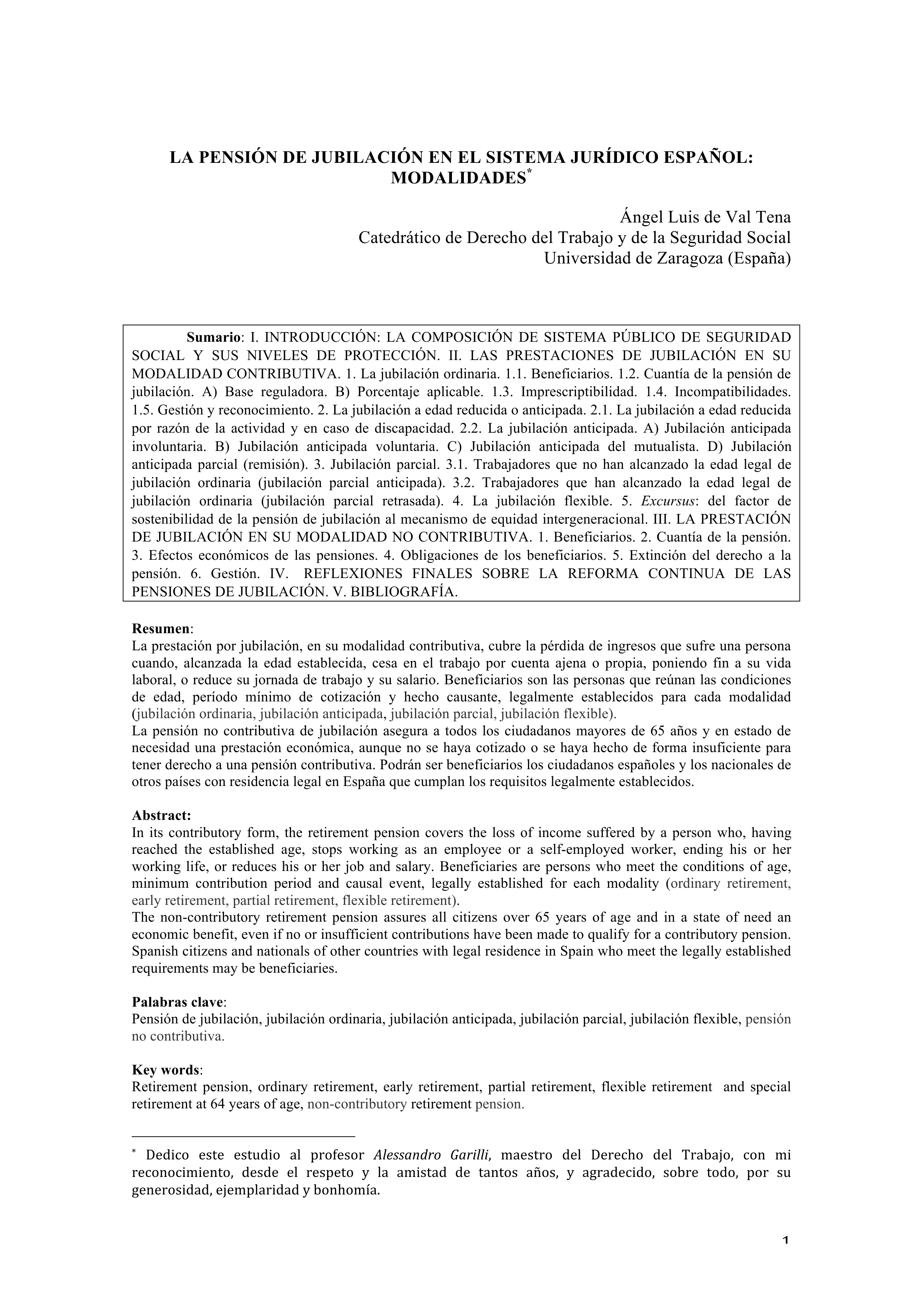 La pensión de jubilación en el sistema jurídico español: modalidades