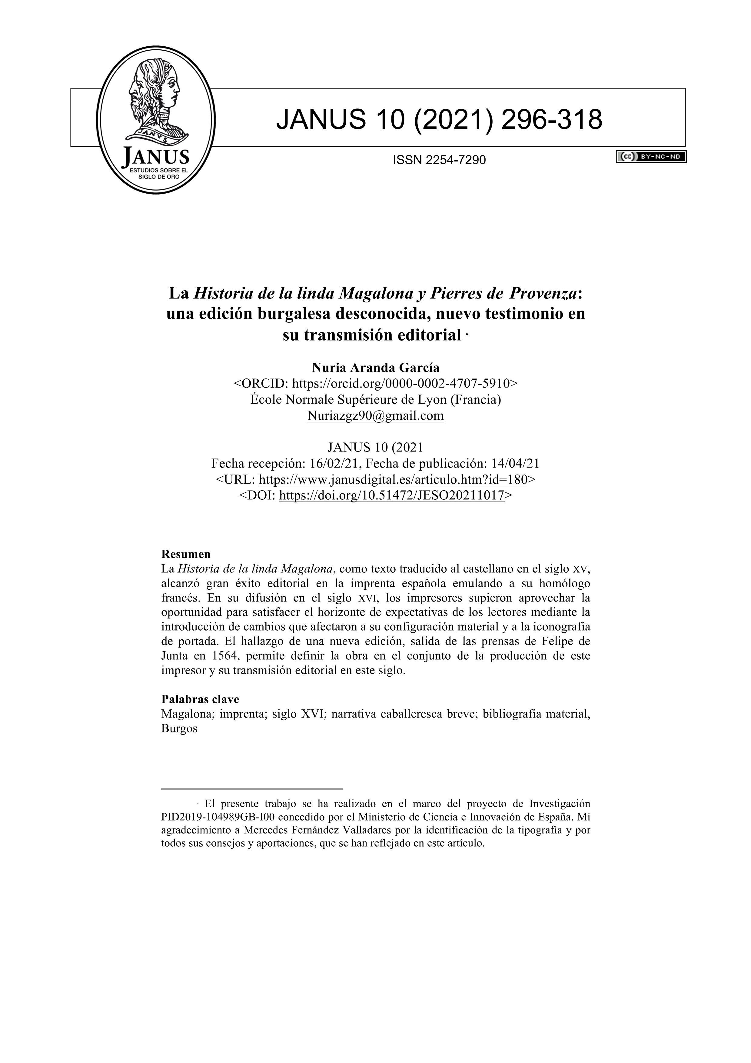 La Historia de la linda Magalona y Pierres de Provenza: una edición burgalesa desconocida, nuevo testimonio en su transmisión editorial