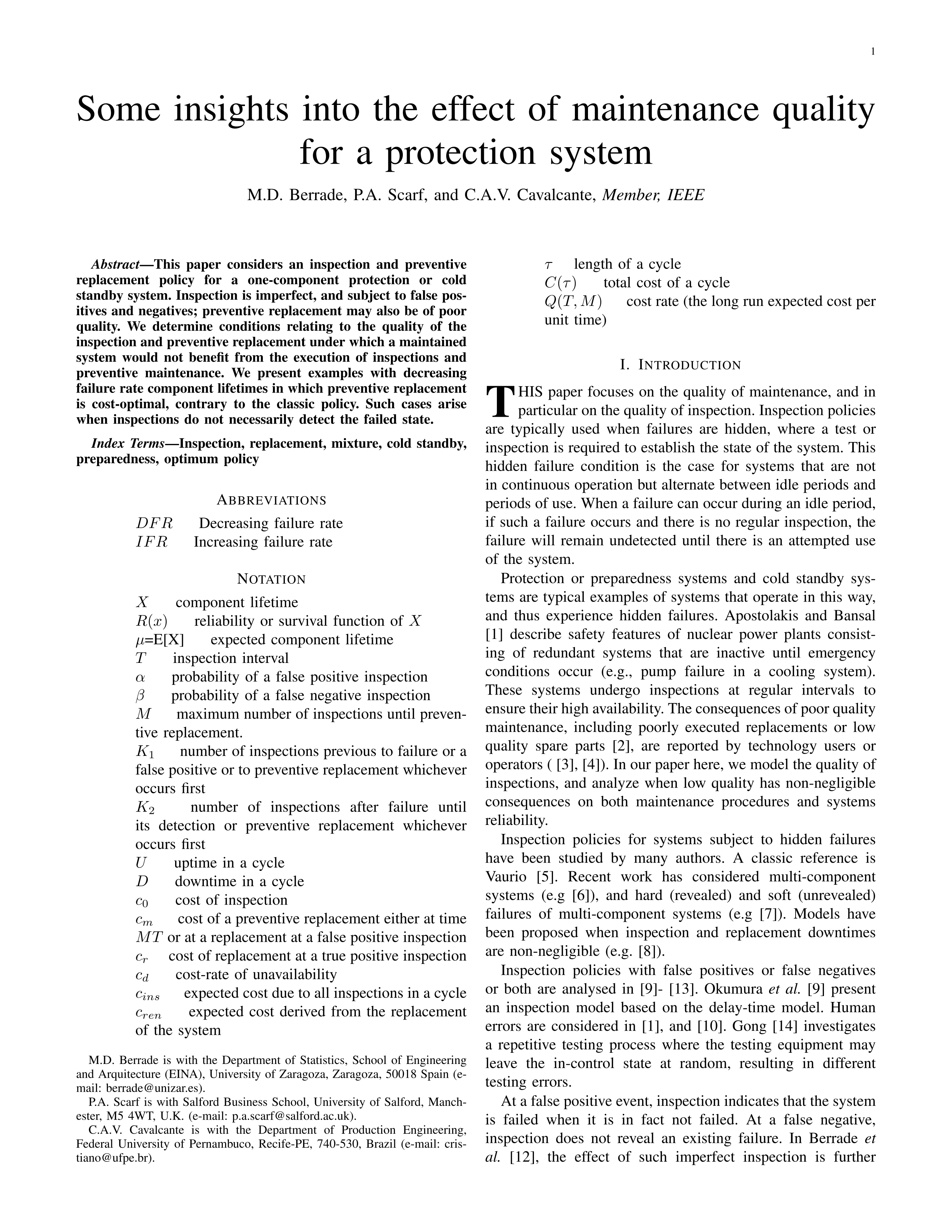 Some insights into the effect of maintenance quality for a protection system