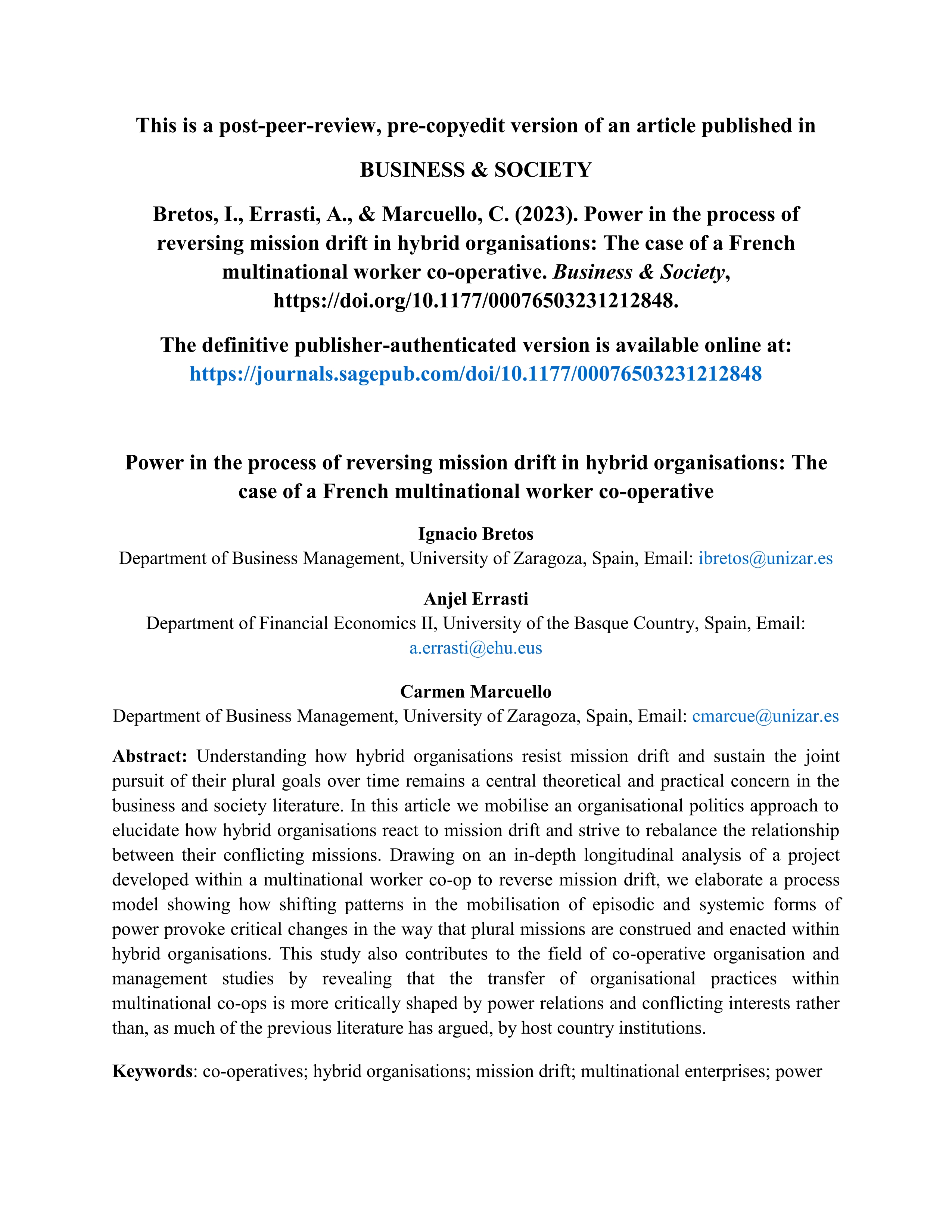 Power in the process of reversing mission drift in hybrid organizations: the case of a french multinational worker co-operative