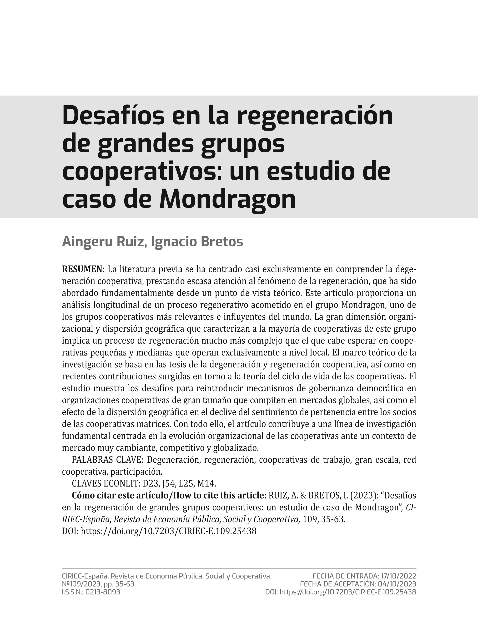 Desafíos en la regeneración de grandes grupos cooperativos: un estudio de caso de Mondragon