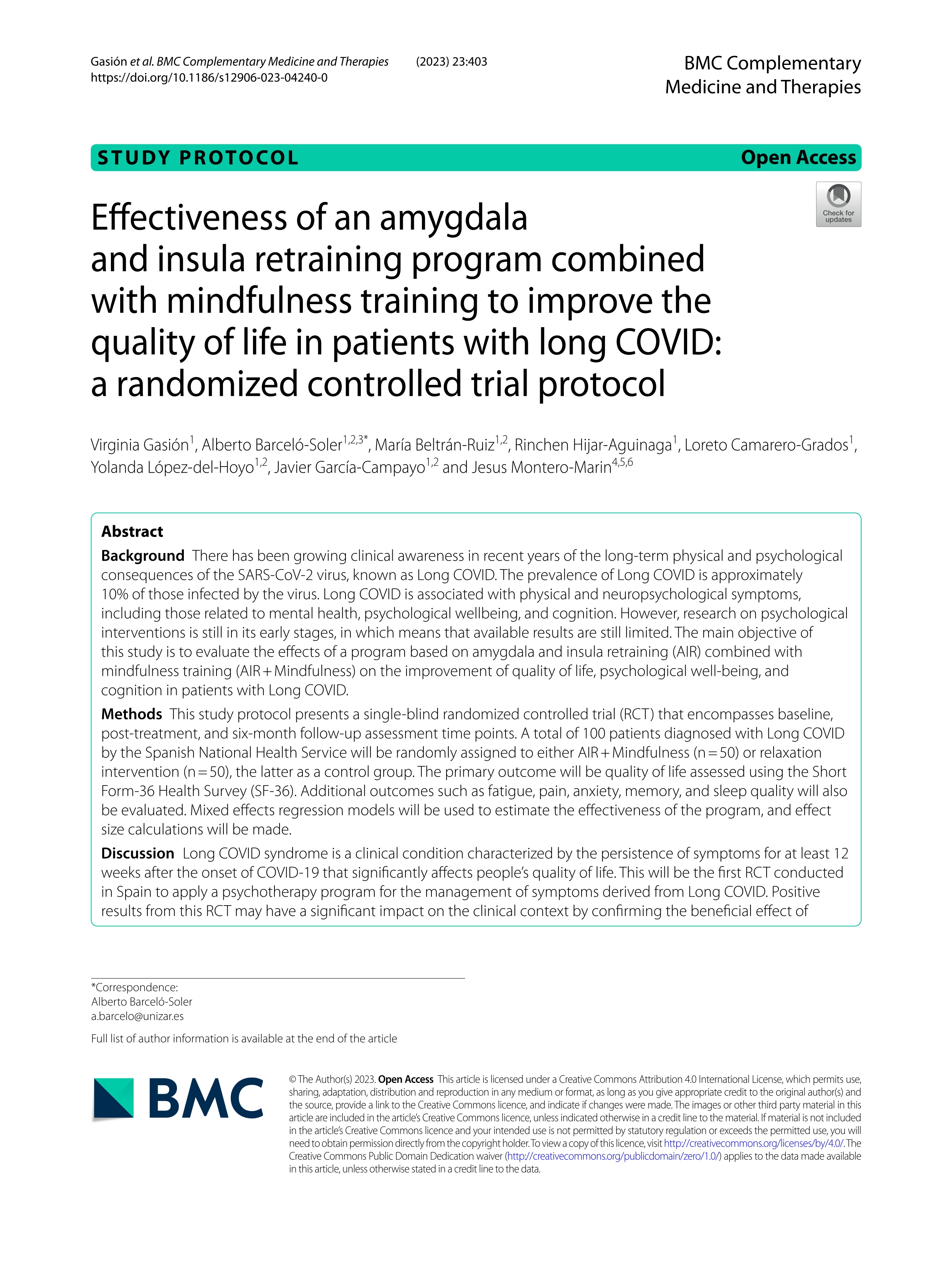 Effectiveness of an amygdala and insula retraining program combined with mindfulness training to improve the quality of life in patients with long COVID: a randomized controlled trial protocol