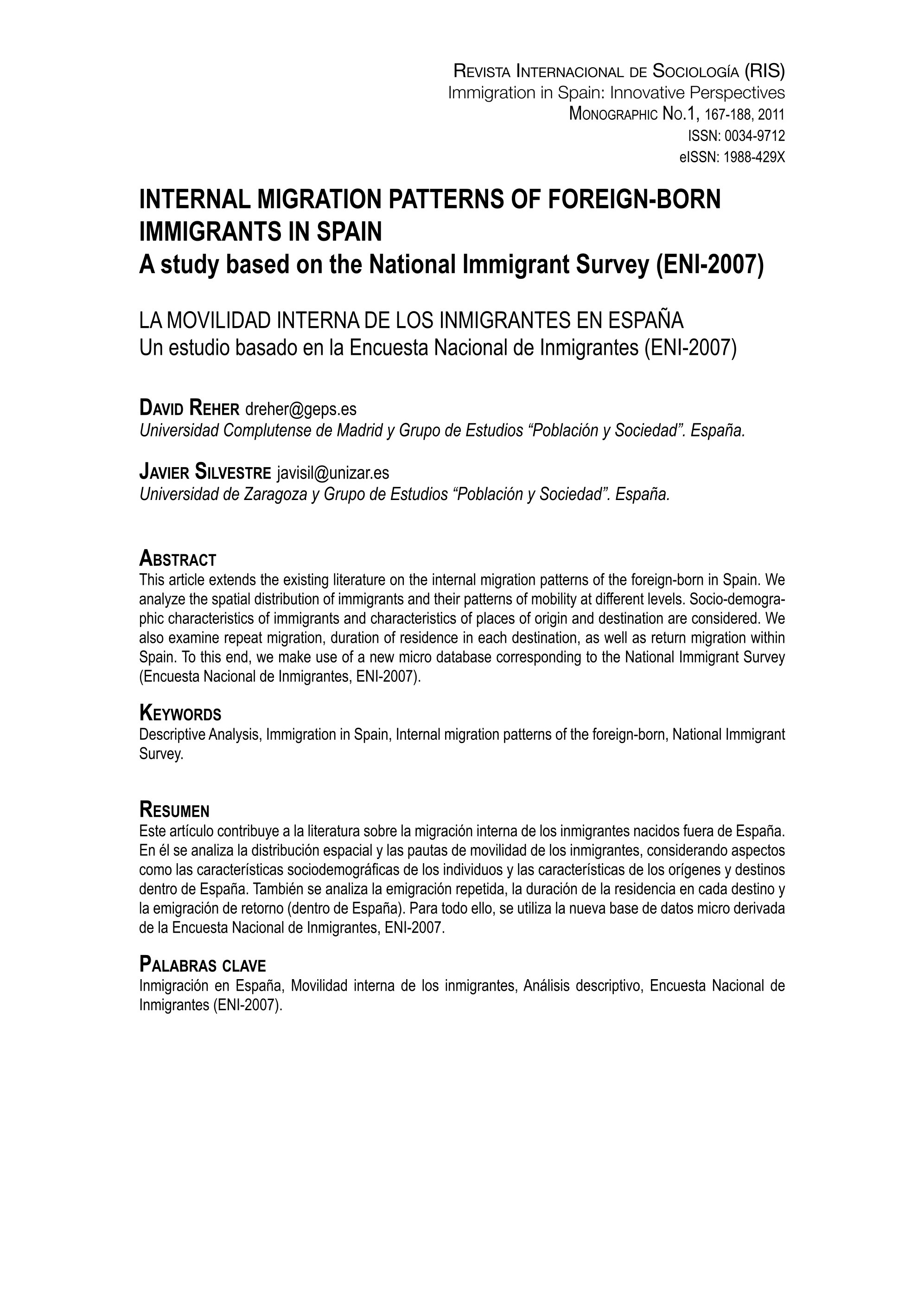 Internal migration patterns of foreign-born immigrants in Spain: A study based on the National Immigrant Survey (ENI-2007)