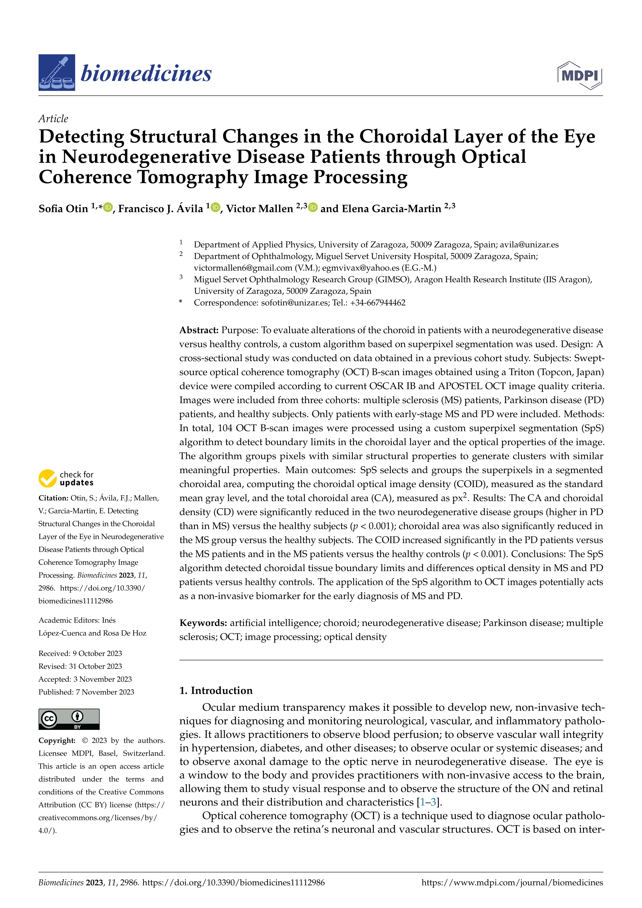 Detecting Structural Changes in the Choroidal Layer of the Eye in Neurodegenerative Disease Patients through Optical Coherence Tomography Image Processing