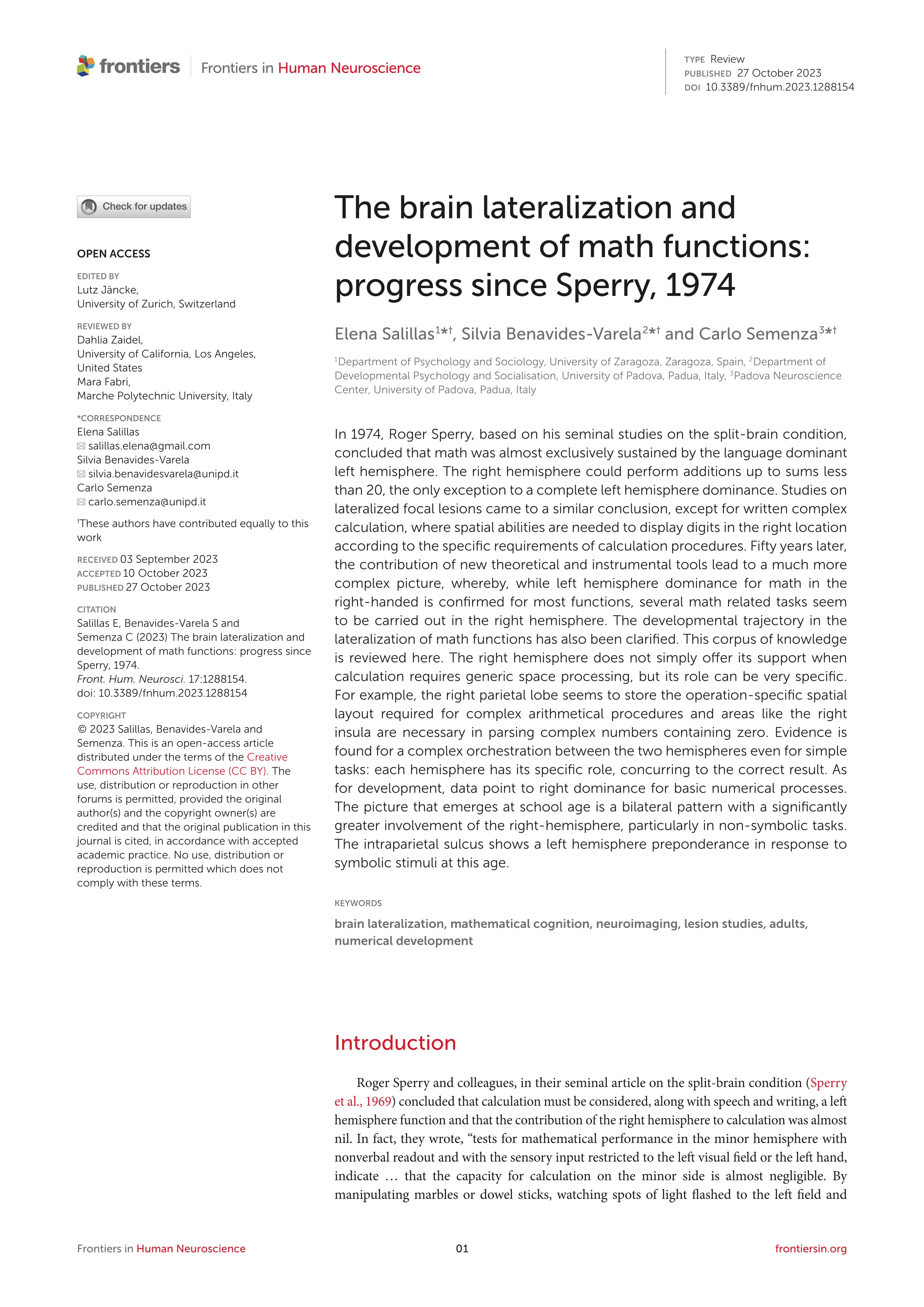 The brain lateralization and development of math functions: progress since Sperry, 1974