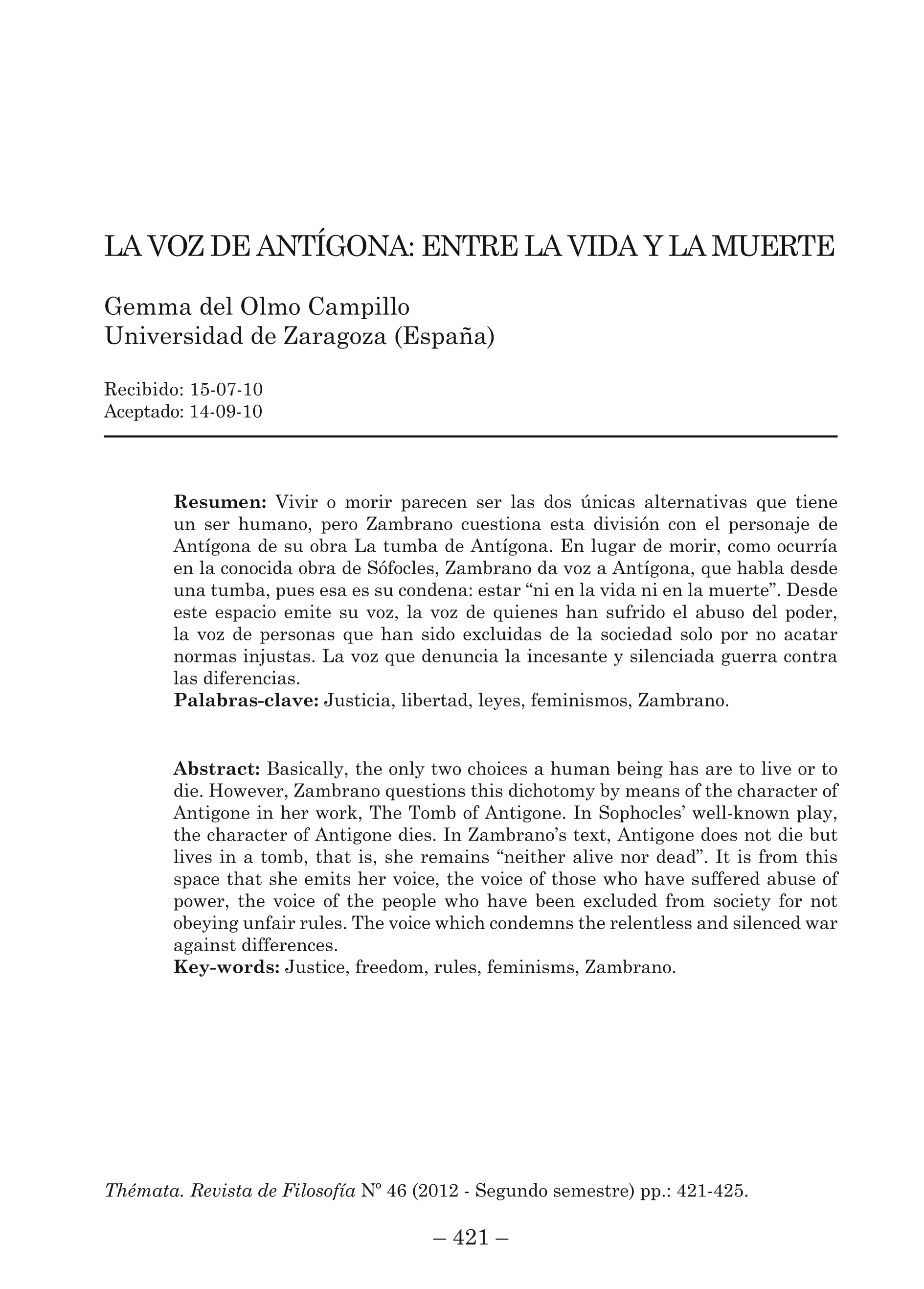 La voz de Antígona: Entre la vida y la muerte