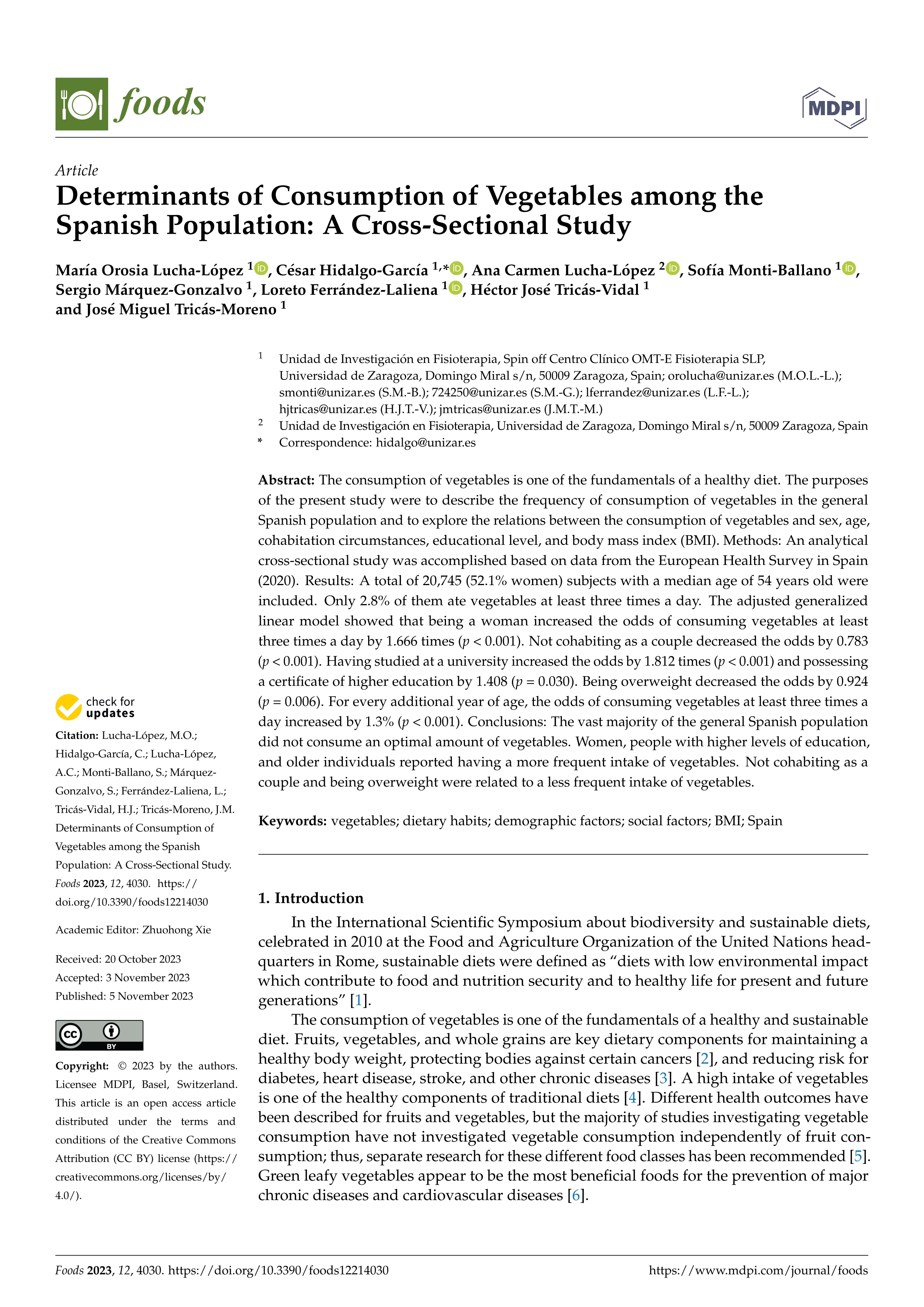 Determinants of Consumption of Vegetables among the Spanish Population: A Cross-Sectional Study