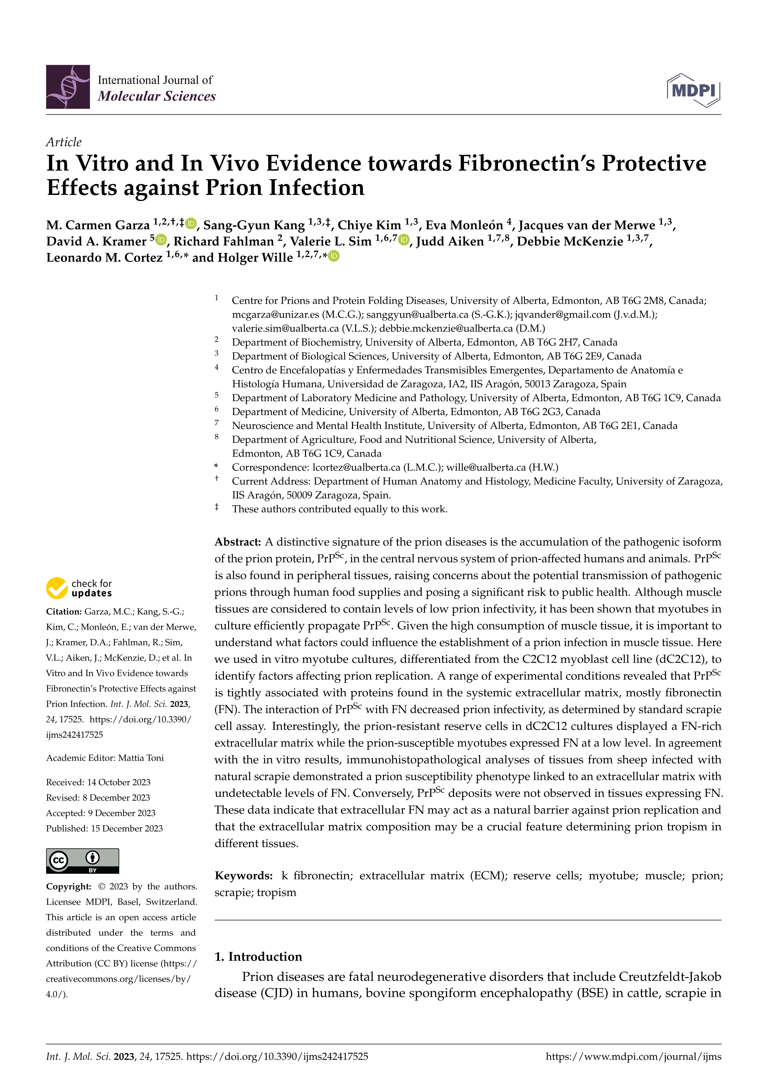 In vitro and in vivo evidence towards fibronectin’s protective effects against prion infection