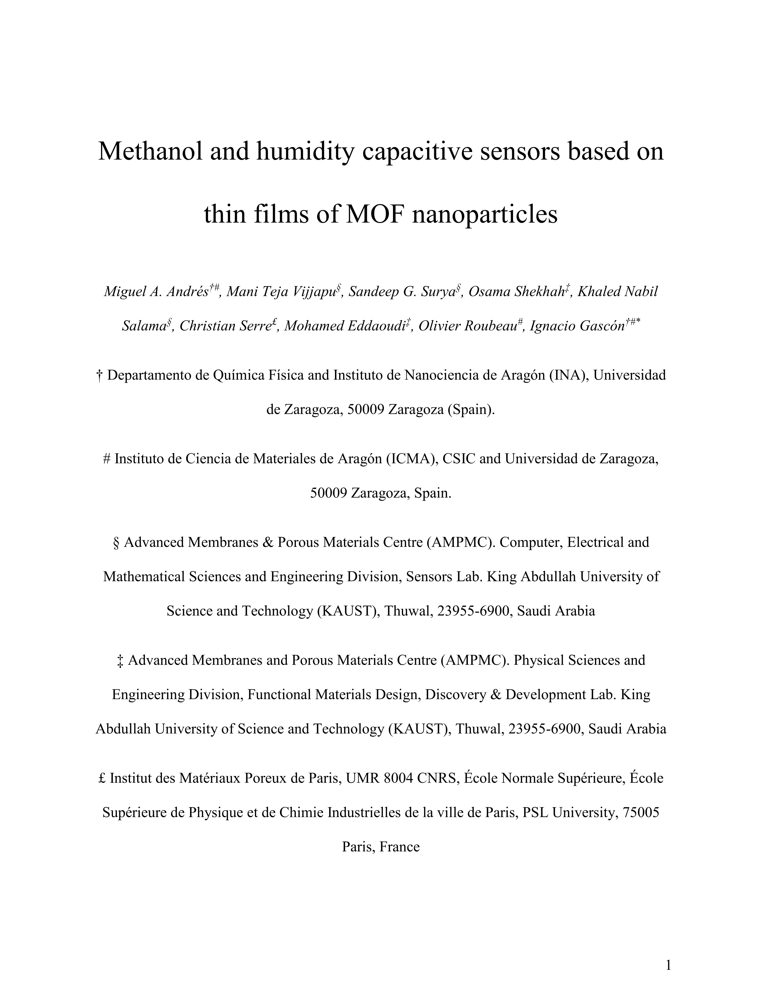 Methanol and Humidity Capacitive Sensors Based on Thin Films of MOF Nanoparticles