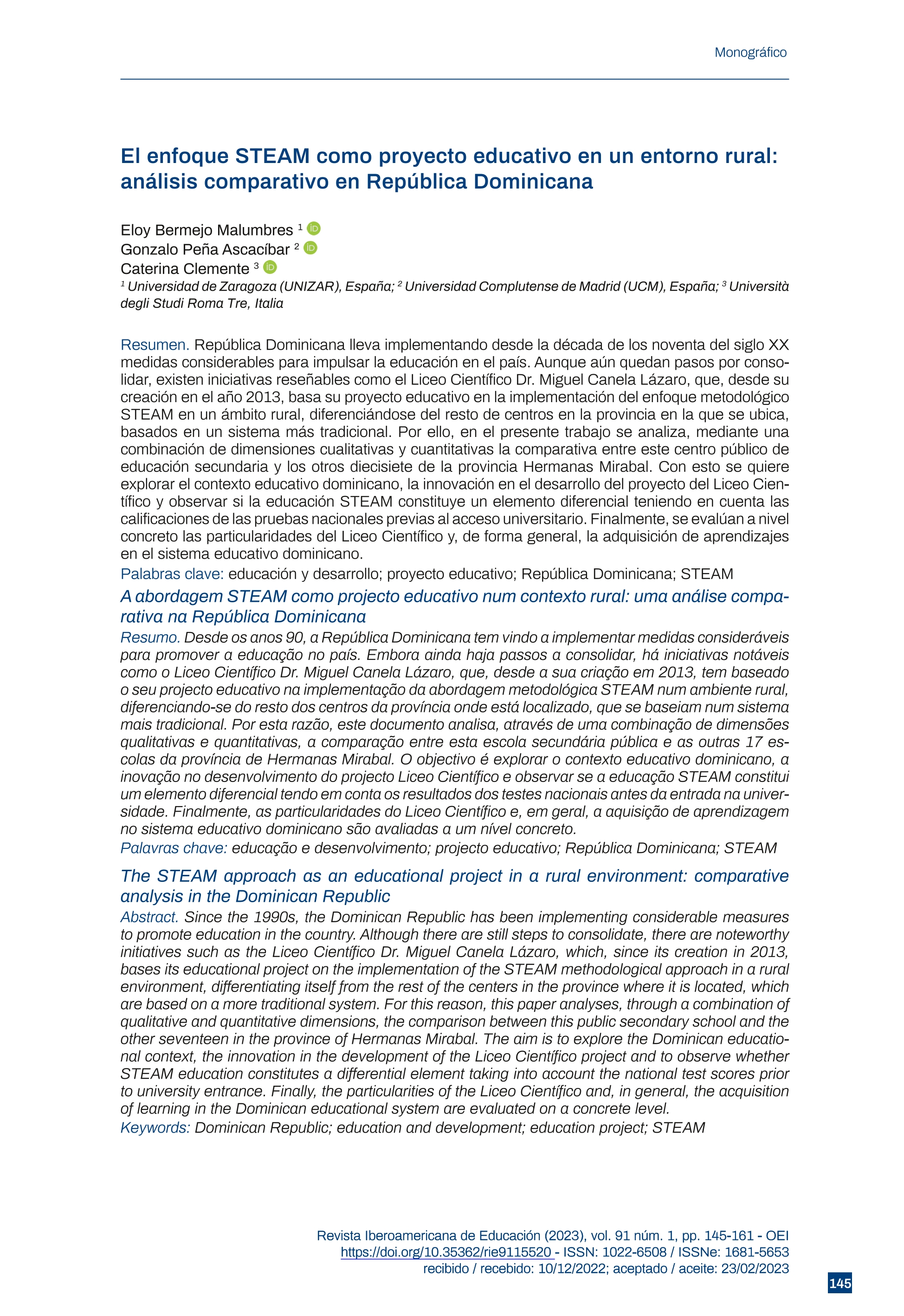 El enfoque STEAM como proyecto educativo en un entorno rural: análisis comparativo en República Dominicana