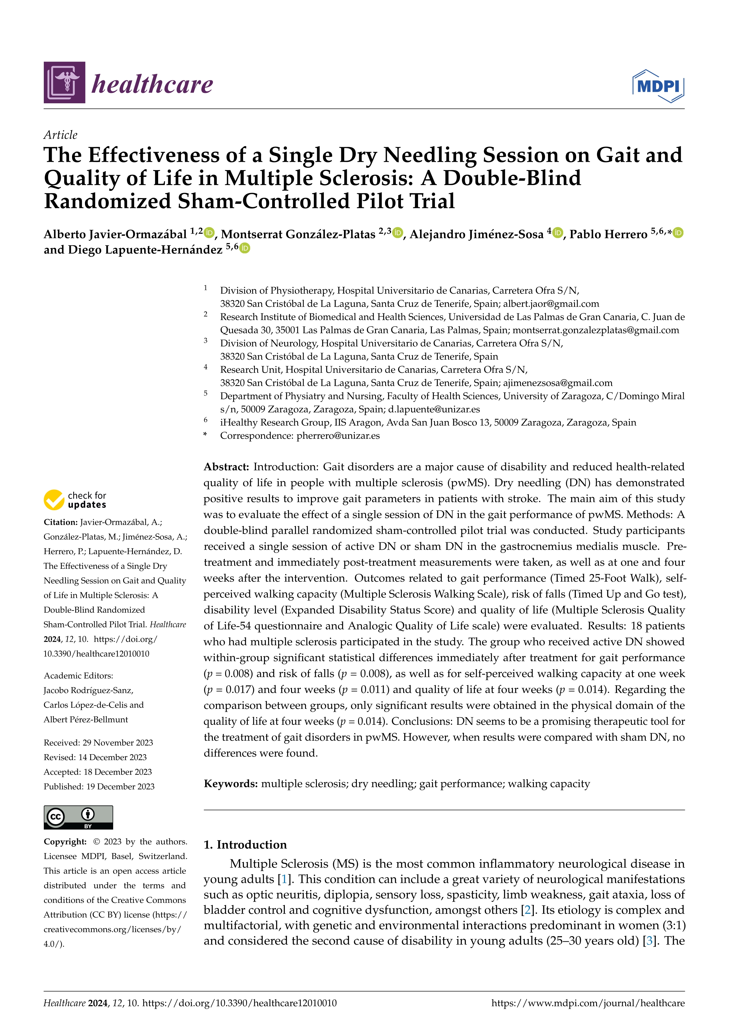 The effectiveness of a single dry needling session on gait and quality of life in multiple sclerosis: a double-blind randomized sham-controlled pilot trial
