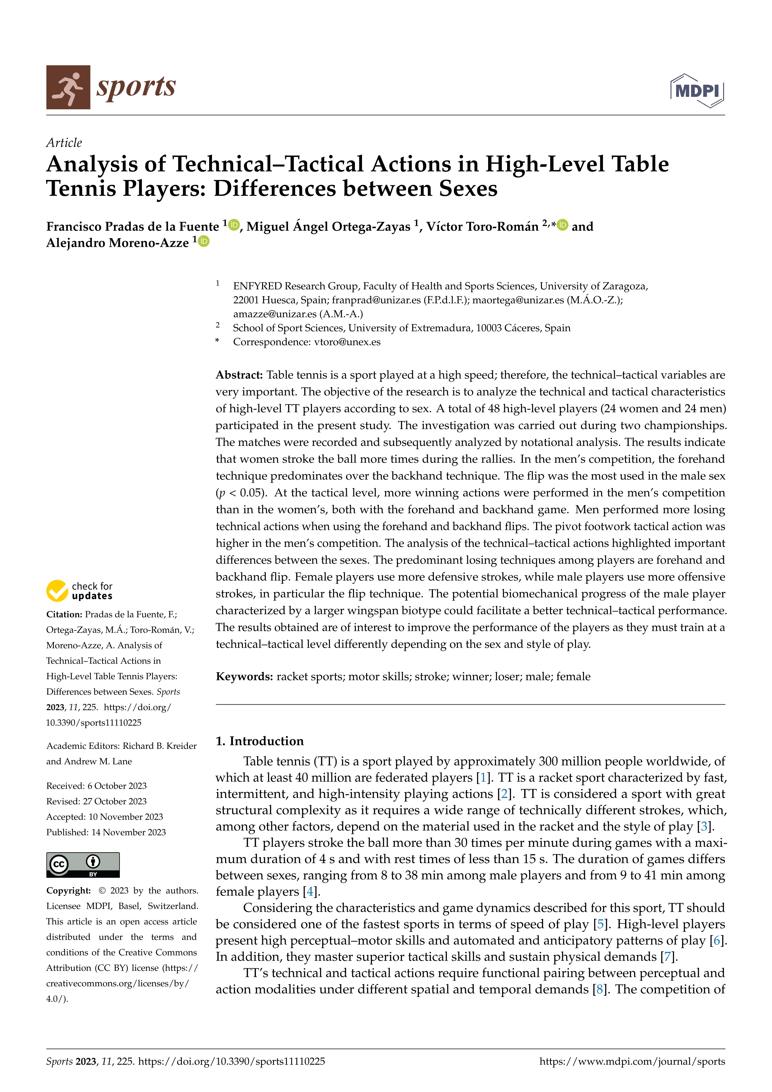 Analysis of technical–tactical actions in high-level table tennis players: differences between sexes