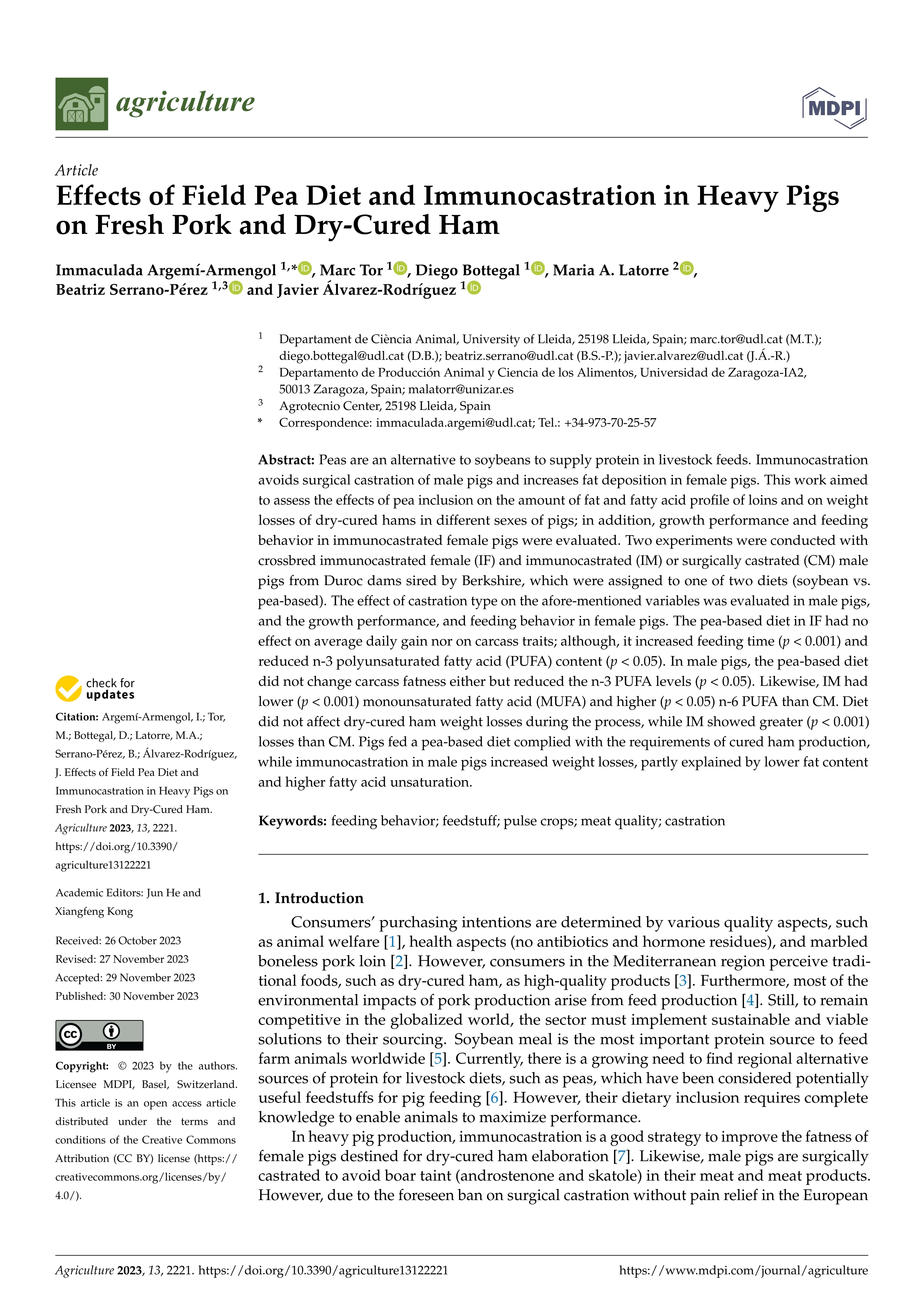 Effects of Field Pea Diet and Immunocastration in Heavy Pigs on Fresh Pork and Dry-Cured Ham