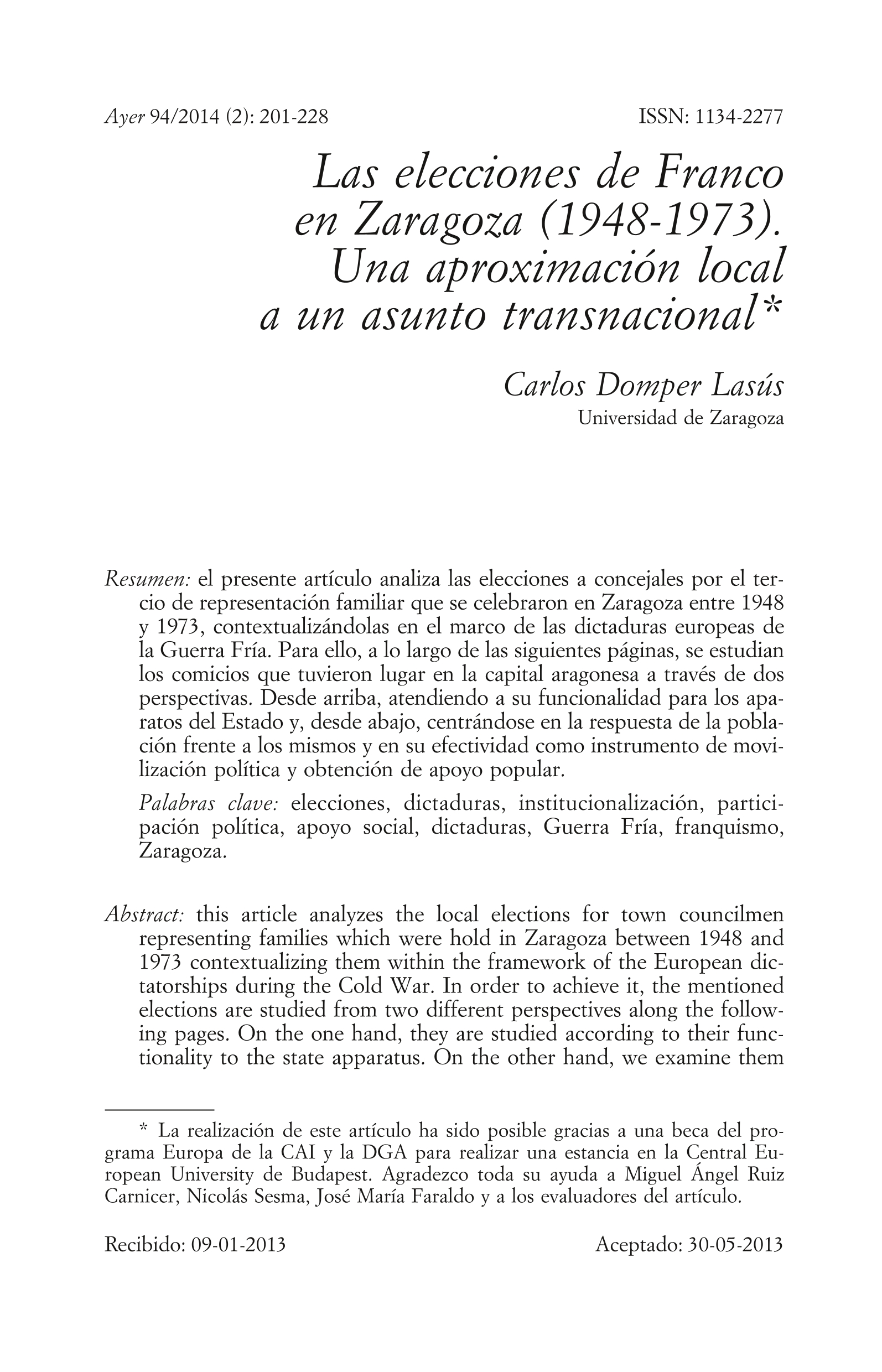 Las elecciones de Franco en Zaragoza (1948-1973). Una aproximación local a un asunto transnacional