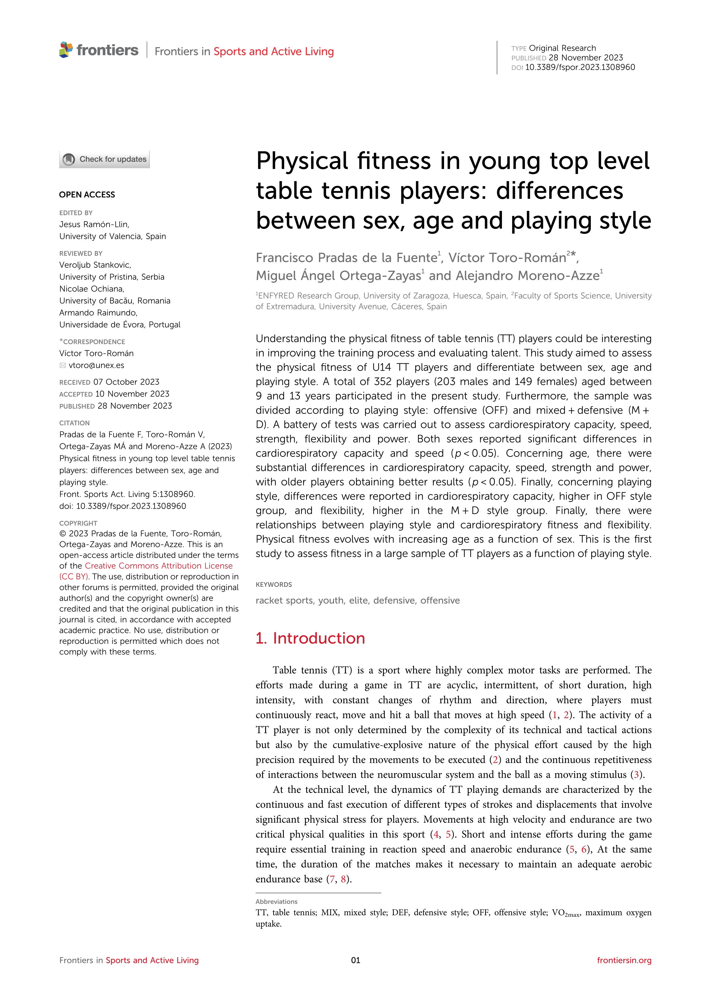 Physical fitness in young top level table tennis players: differences between sex, age and playing style