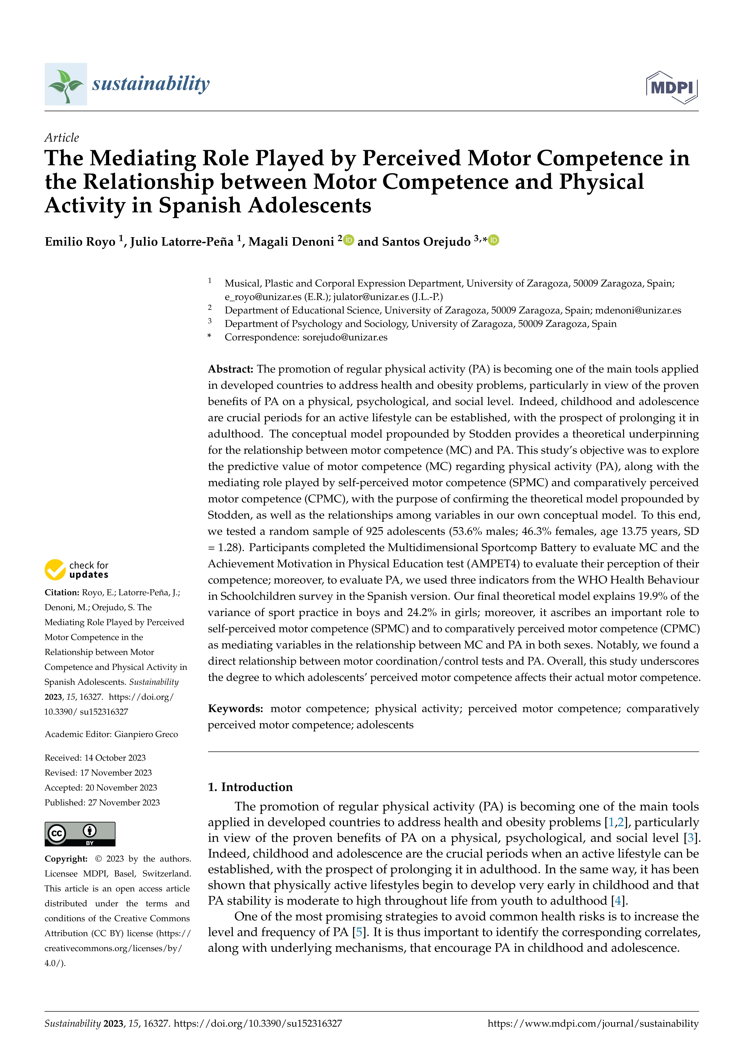 The Mediating Role Played by Perceived Motor Competence in the Relationship between Motor Competence and Physical Activity in Spanish Adolescents