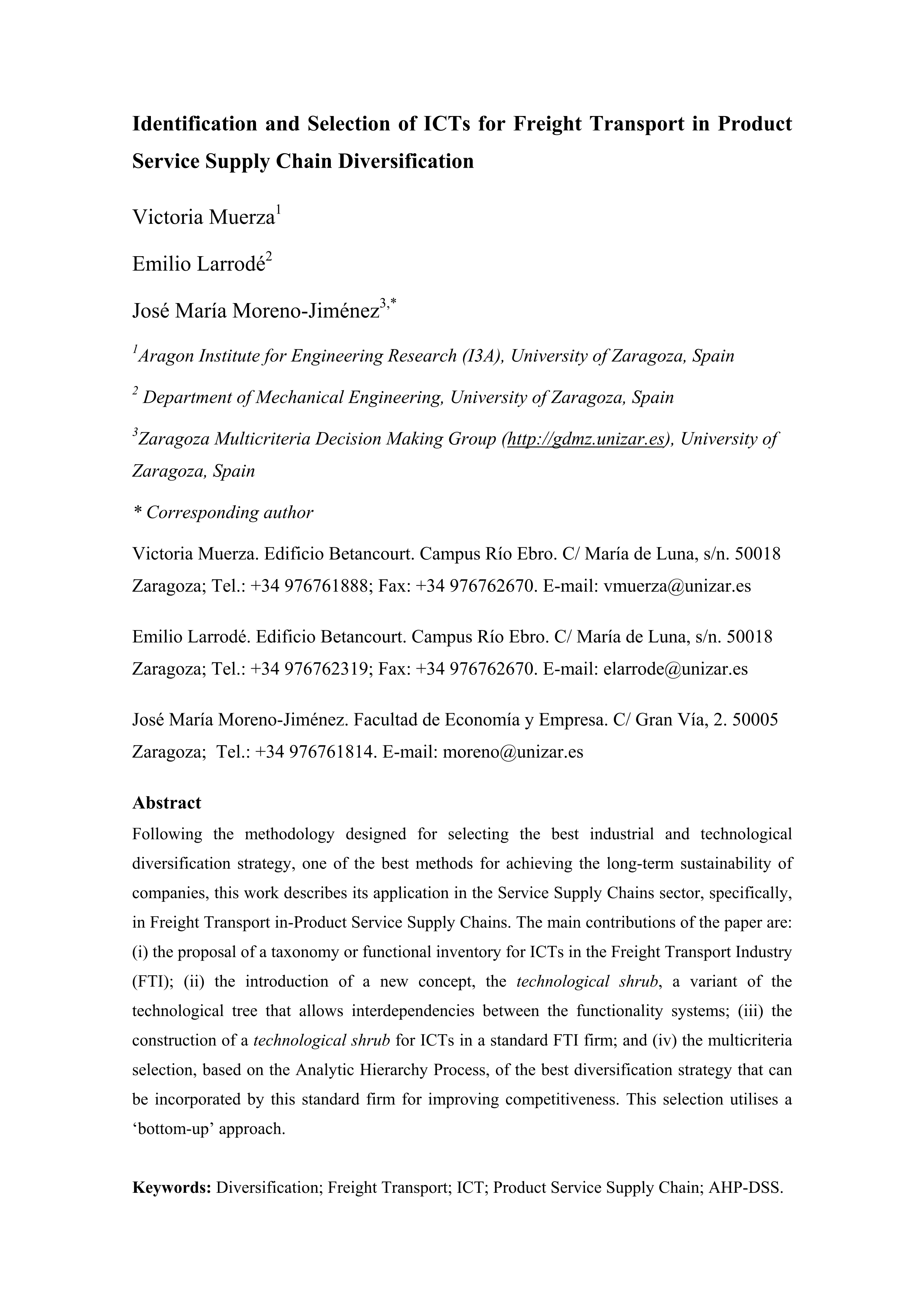 Identification and selection of ICTs for freight transport in product service supply chain diversification