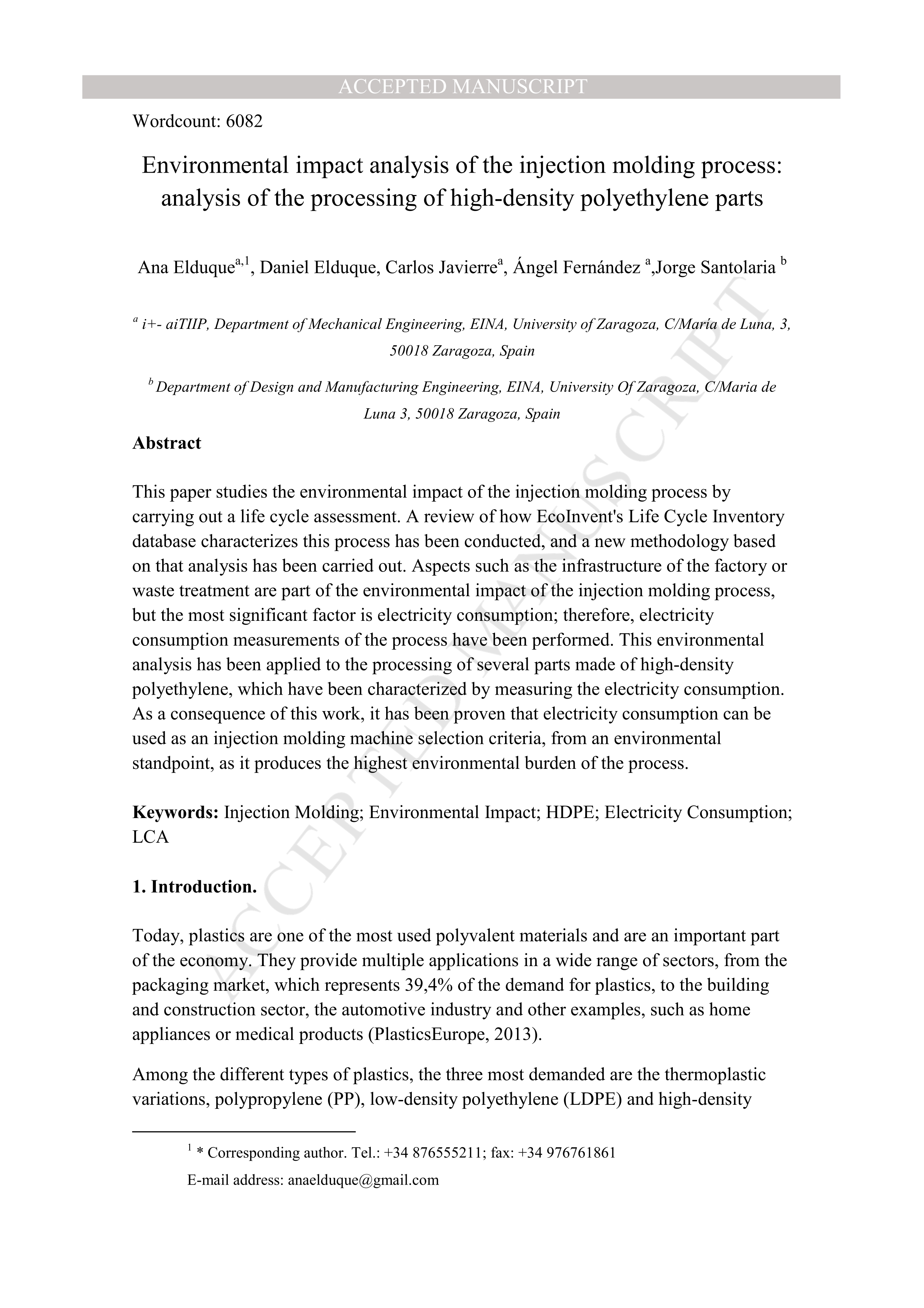 Environmental impact analysis of the injection molding process: Analysis of the processing of high-density polyethylene parts